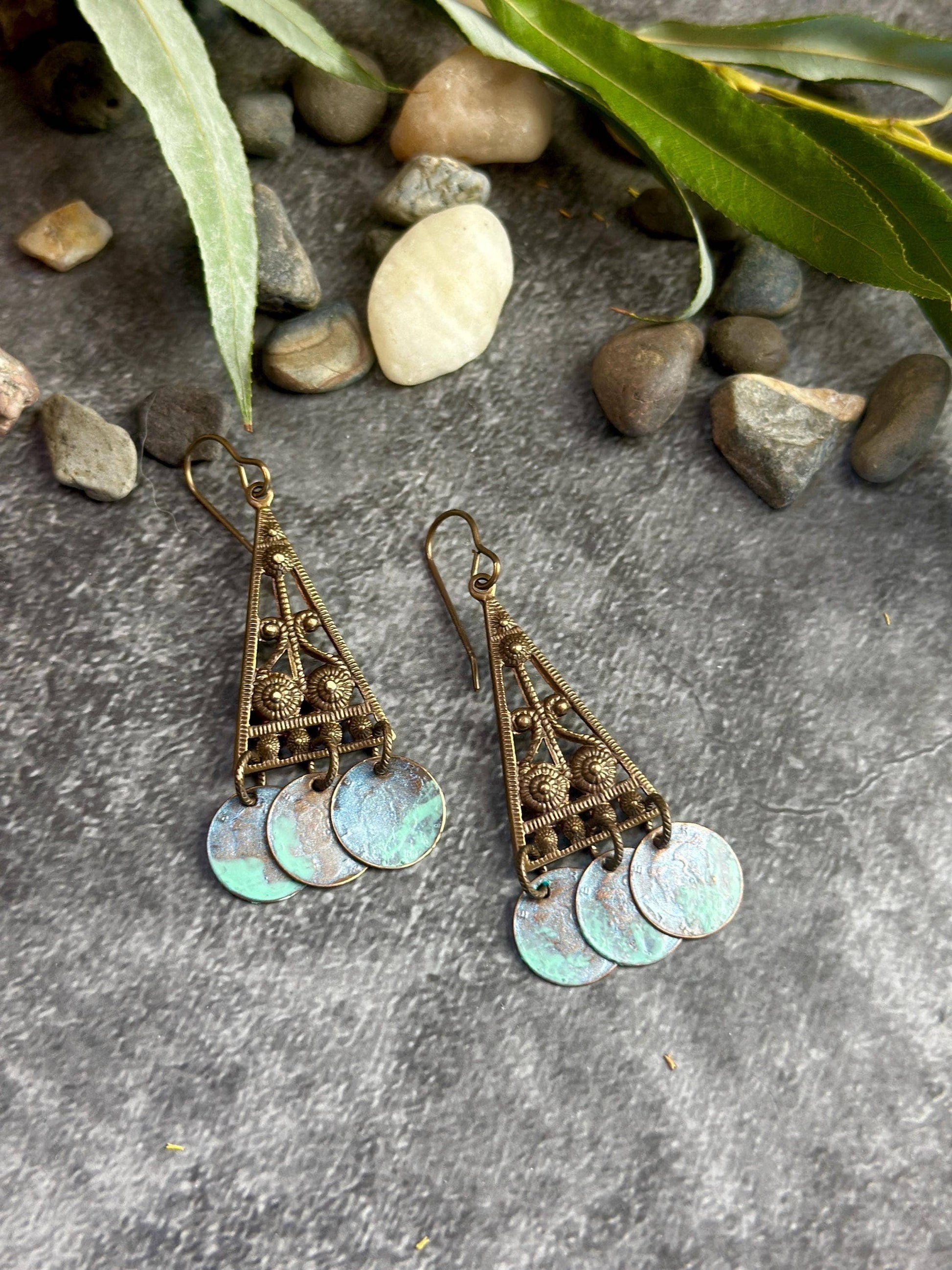 Sacred Triangle Coin Earrings - Patina Brass