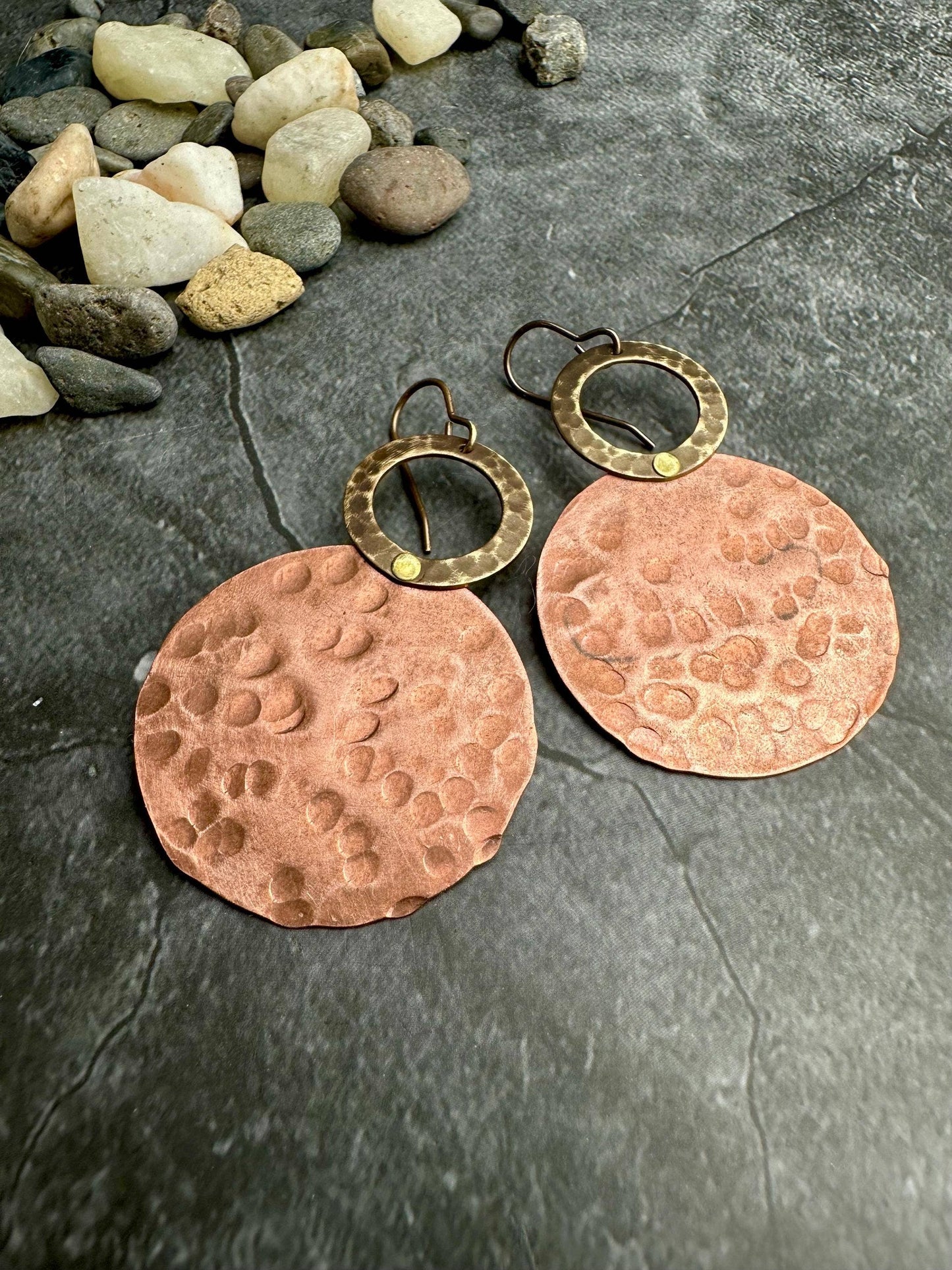 Dual Disc Earrings - Inspired Hammered Copper & Brass