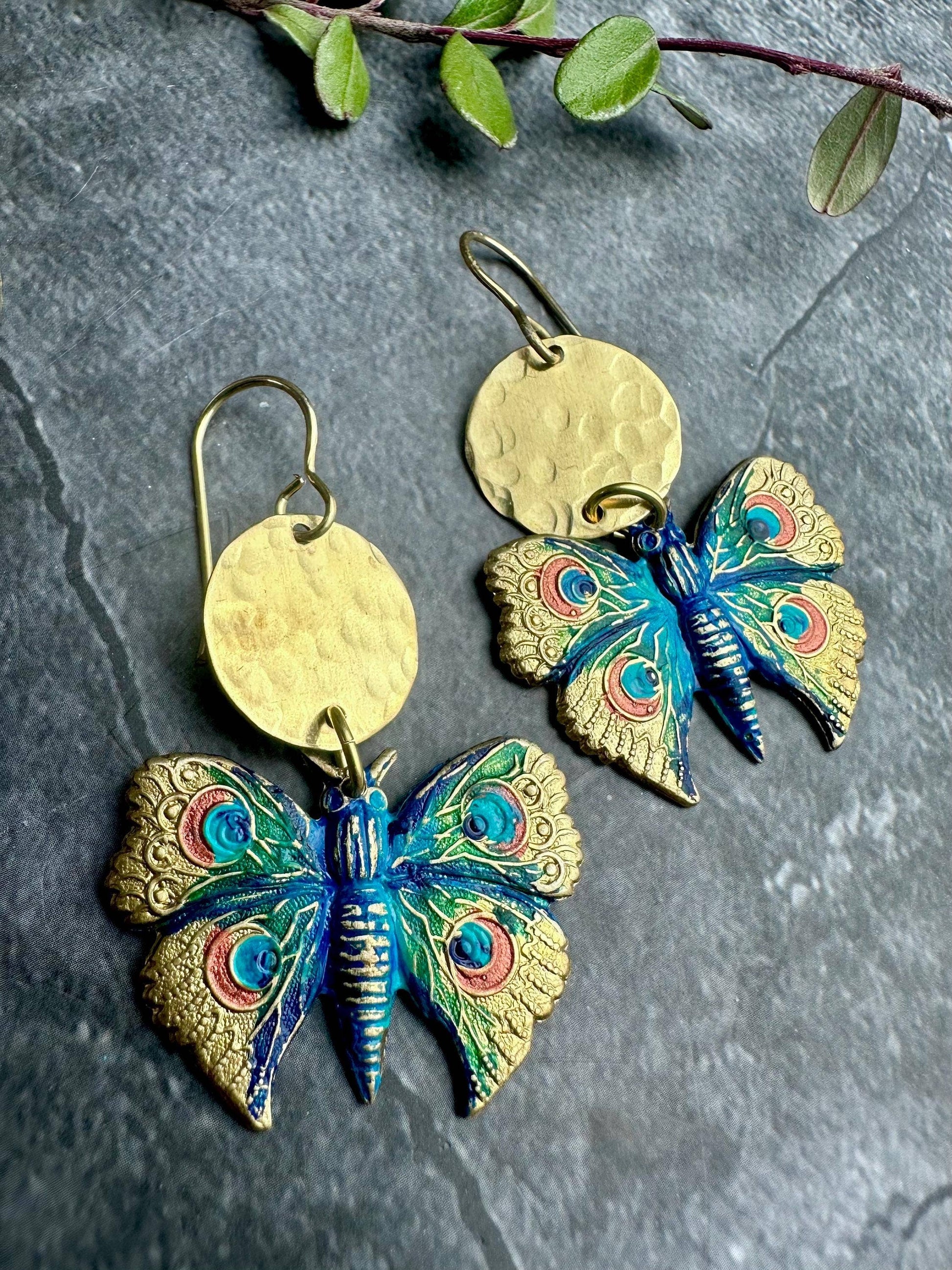Peacock Butterfly Earrings - Hand Painted Brass Dangles