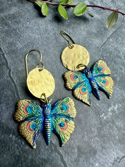Peacock Butterfly Earrings - Hand Painted Brass Dangles