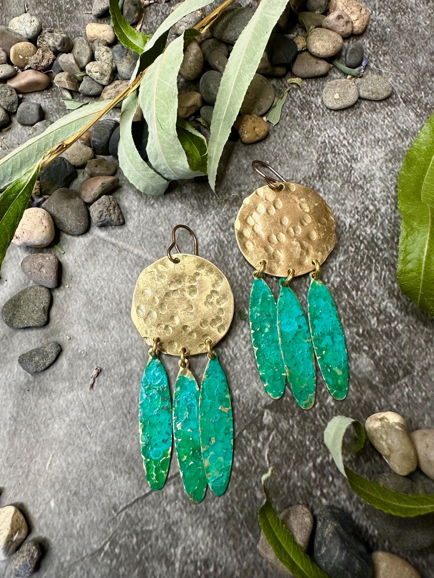 Rain Goddess Earrings - Handmade Solid Beaten Brass Hand Patina
