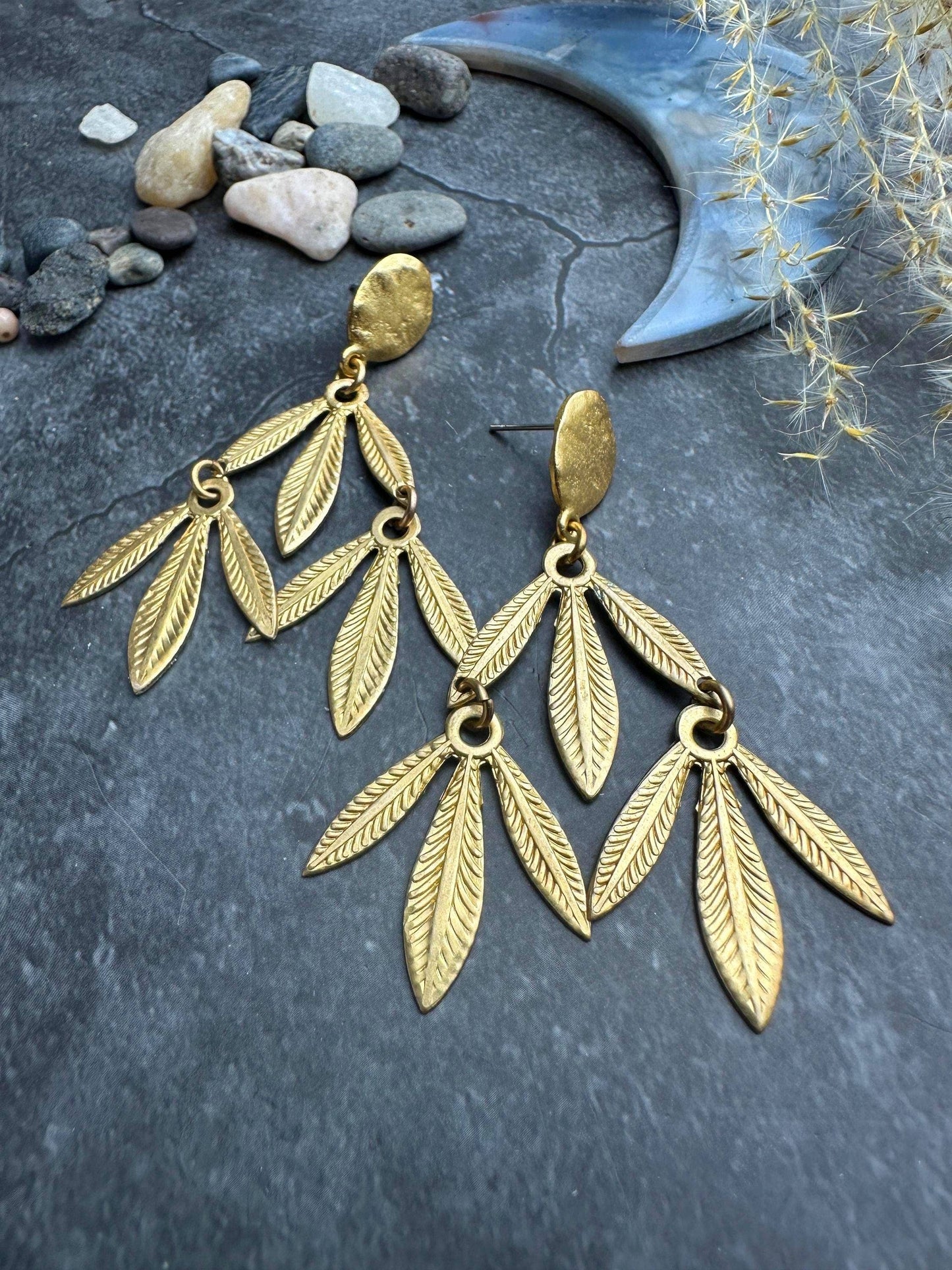 Palm leaf Post Dangle Earrings- Handmade Beaten Solid Brass