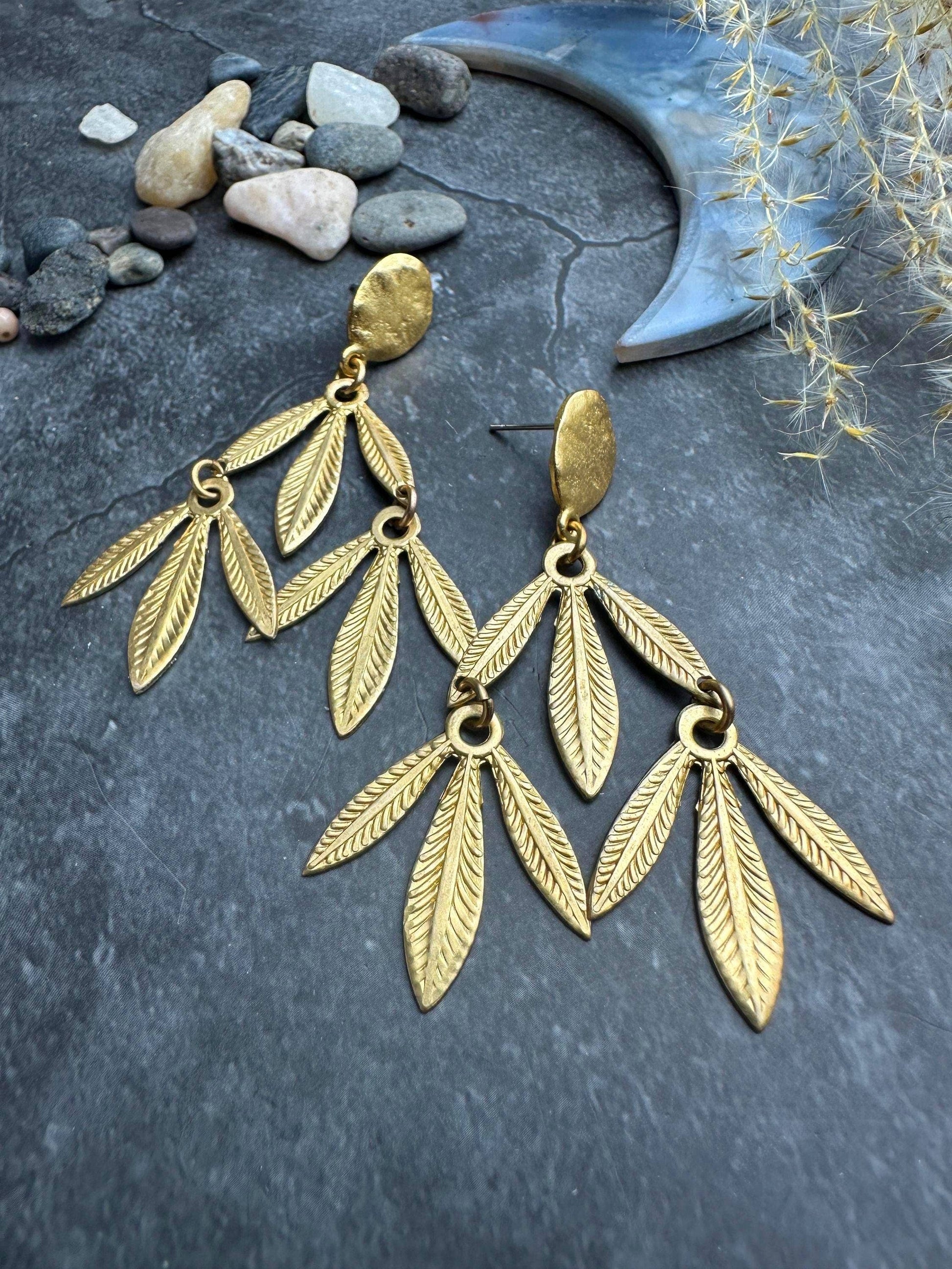 Palm leaf Post Dangle Earrings- Handmade Beaten Solid Brass