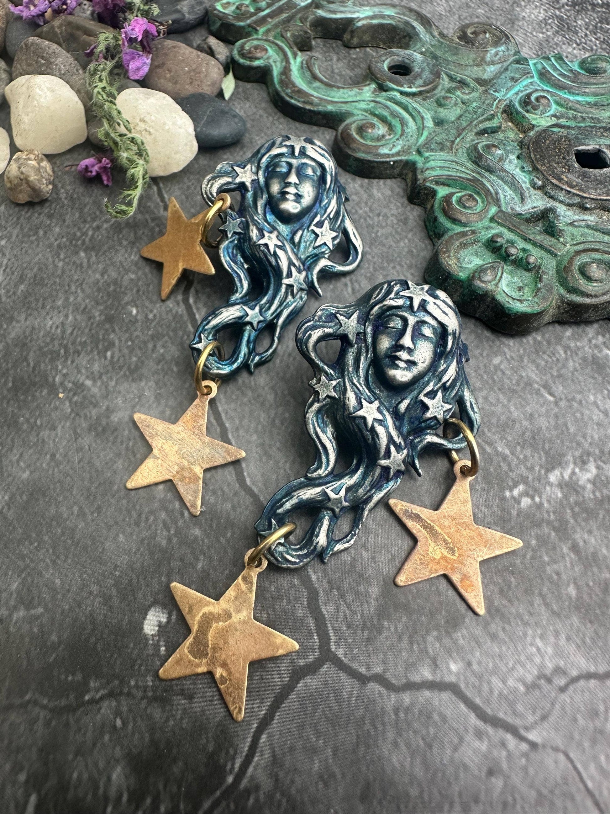 Star Maiden Earrings, Patina Face, Cosmic Goddess Statement