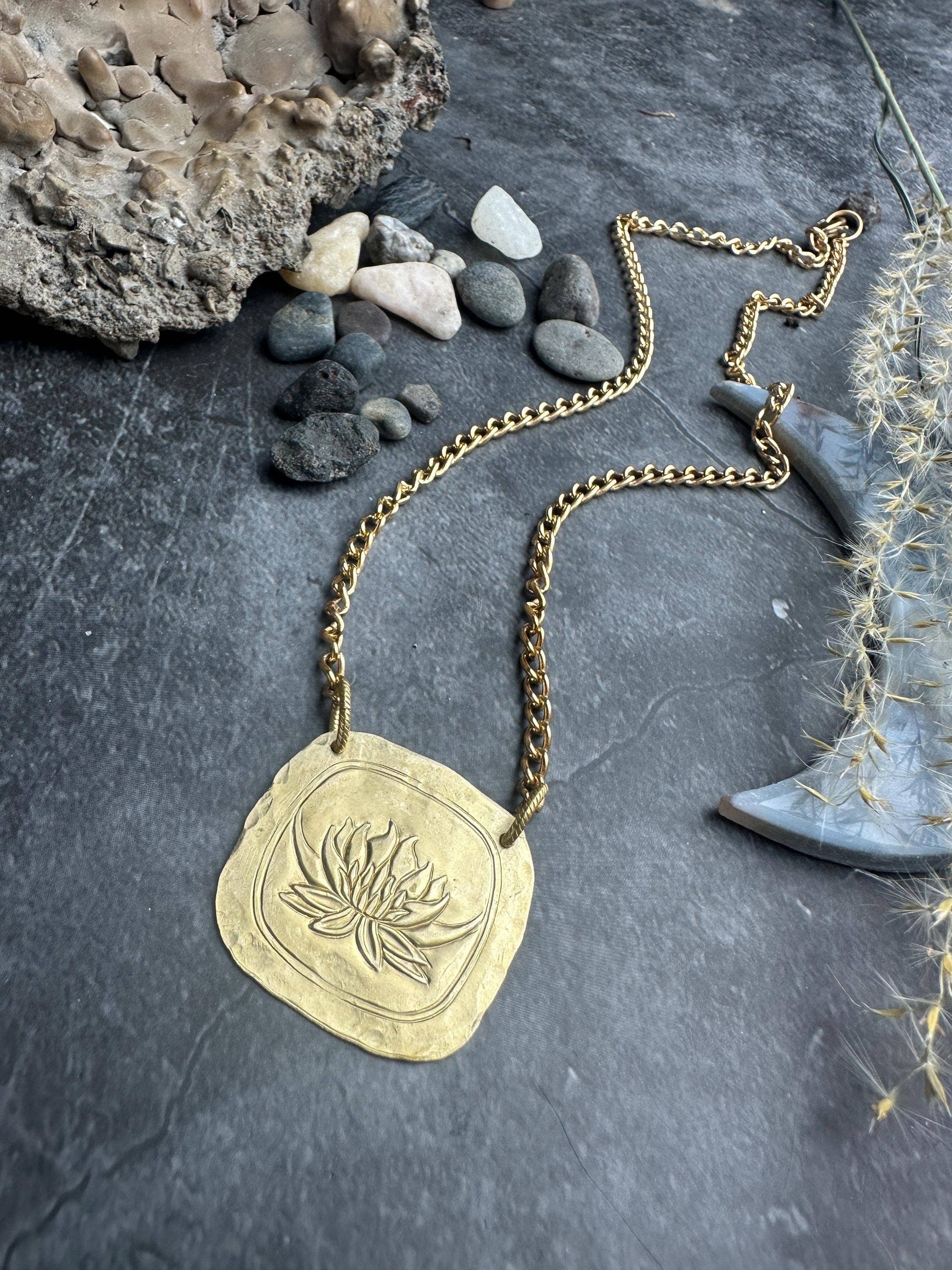 Lotus Geometric Square Pendant Necklace - Solid Brass