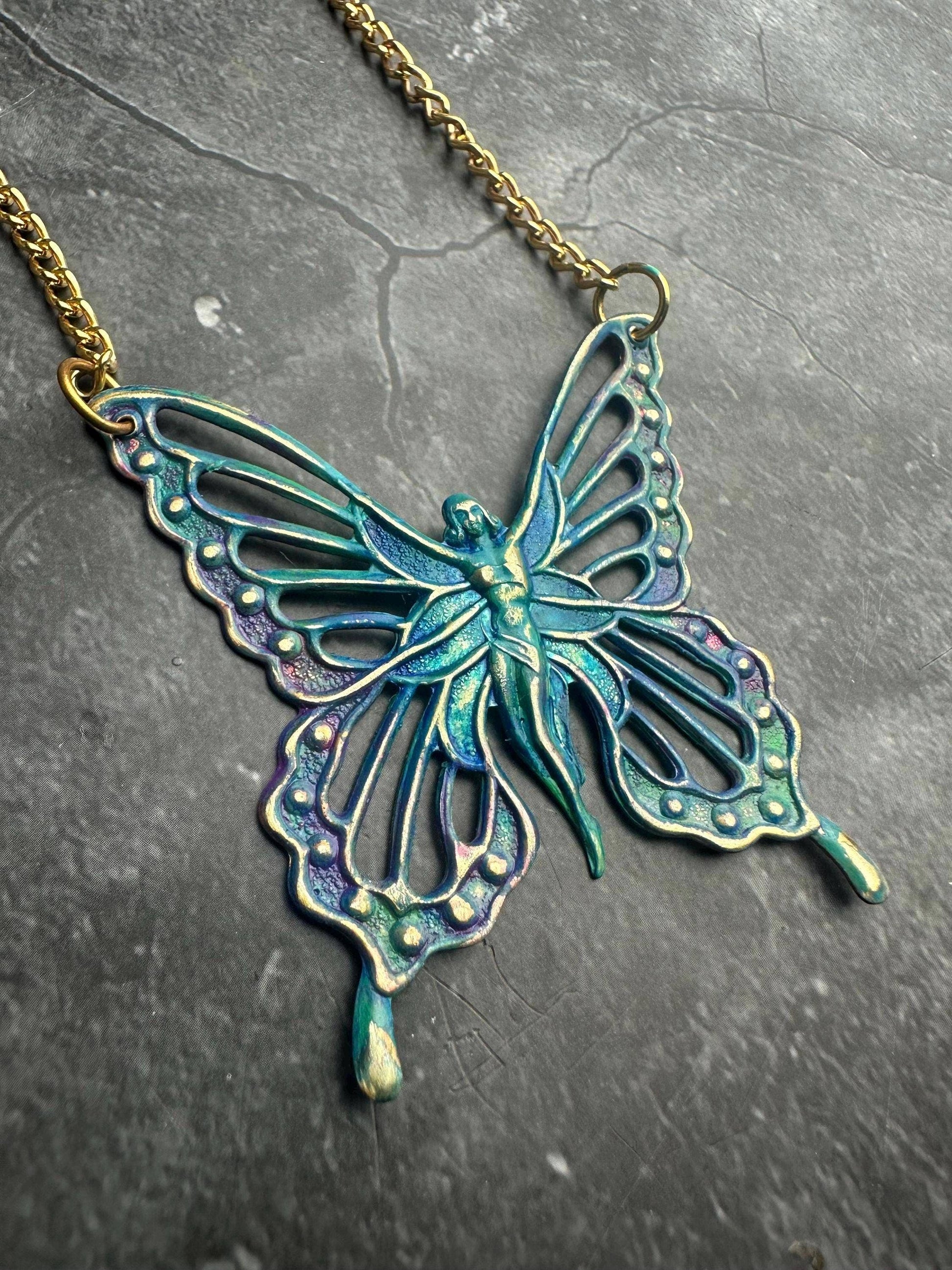 Fairy Butterfly Necklace - Solid Brass with Rainbow Patina