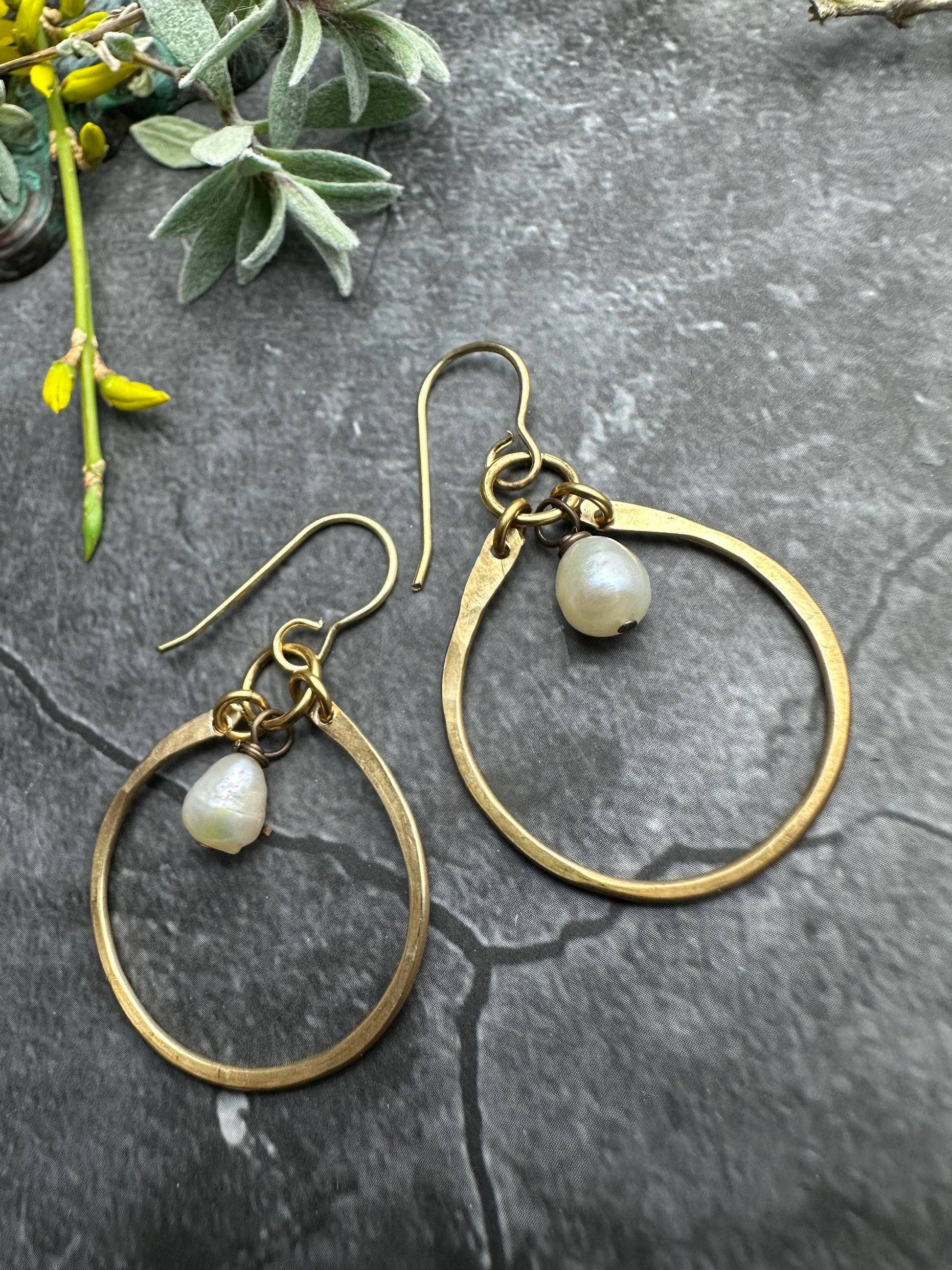 Freshwater Pearl Hoop Earrings - Brass Hoops