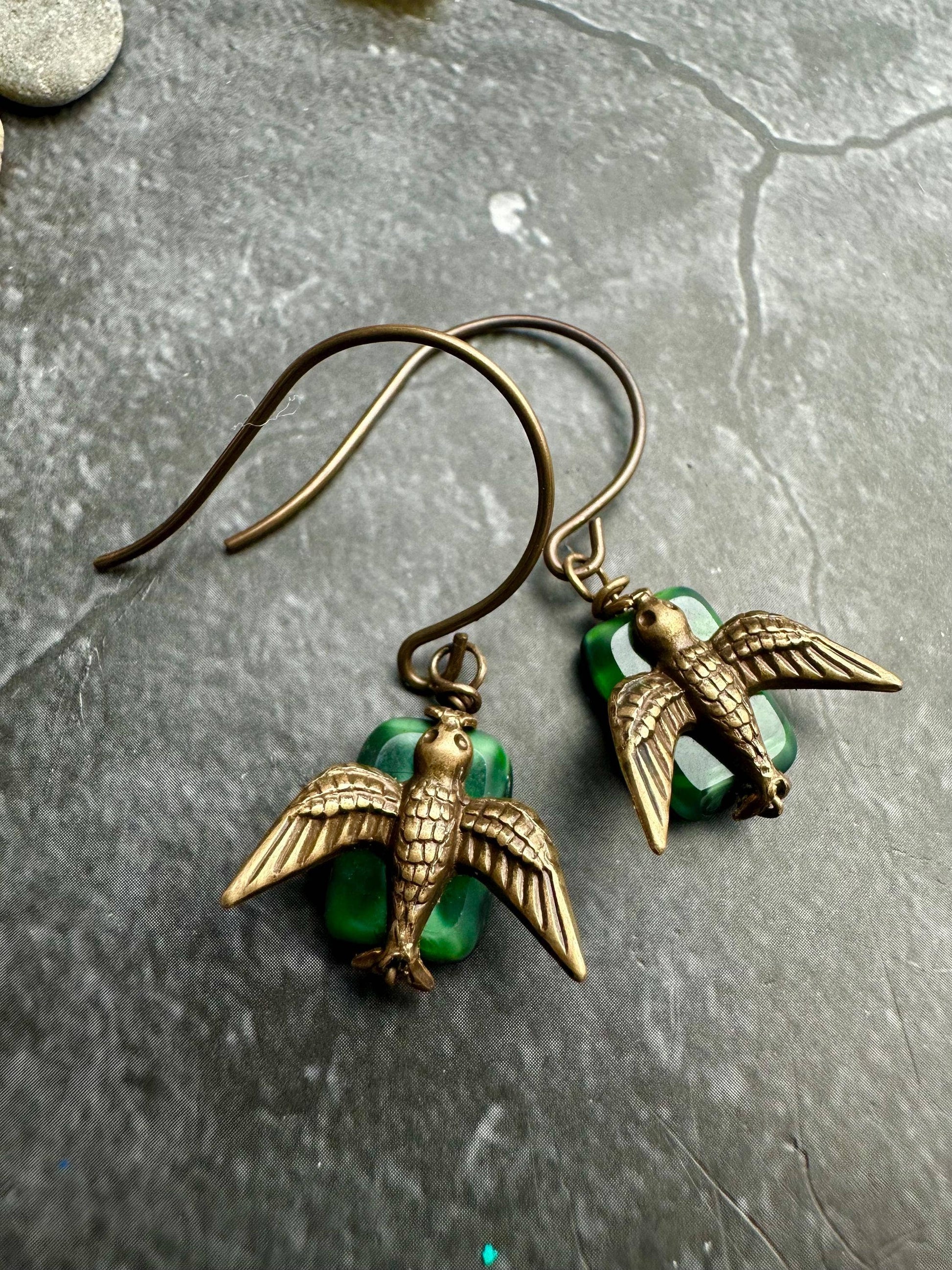 Brass Bird Encased Glass Rectangle Earrings