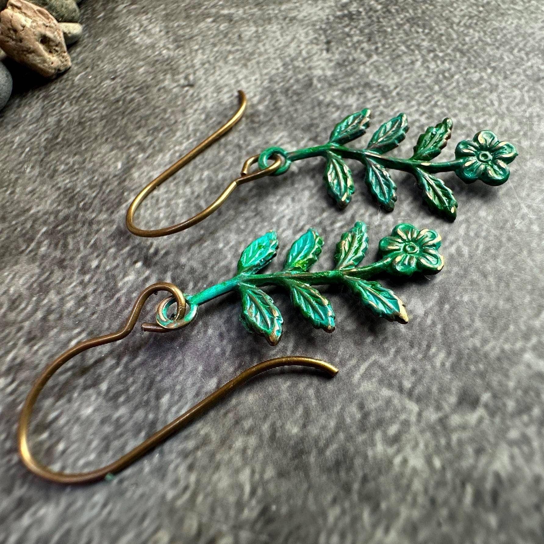 Forest Earrings - Handcrafted Brass Flower with Green Patina