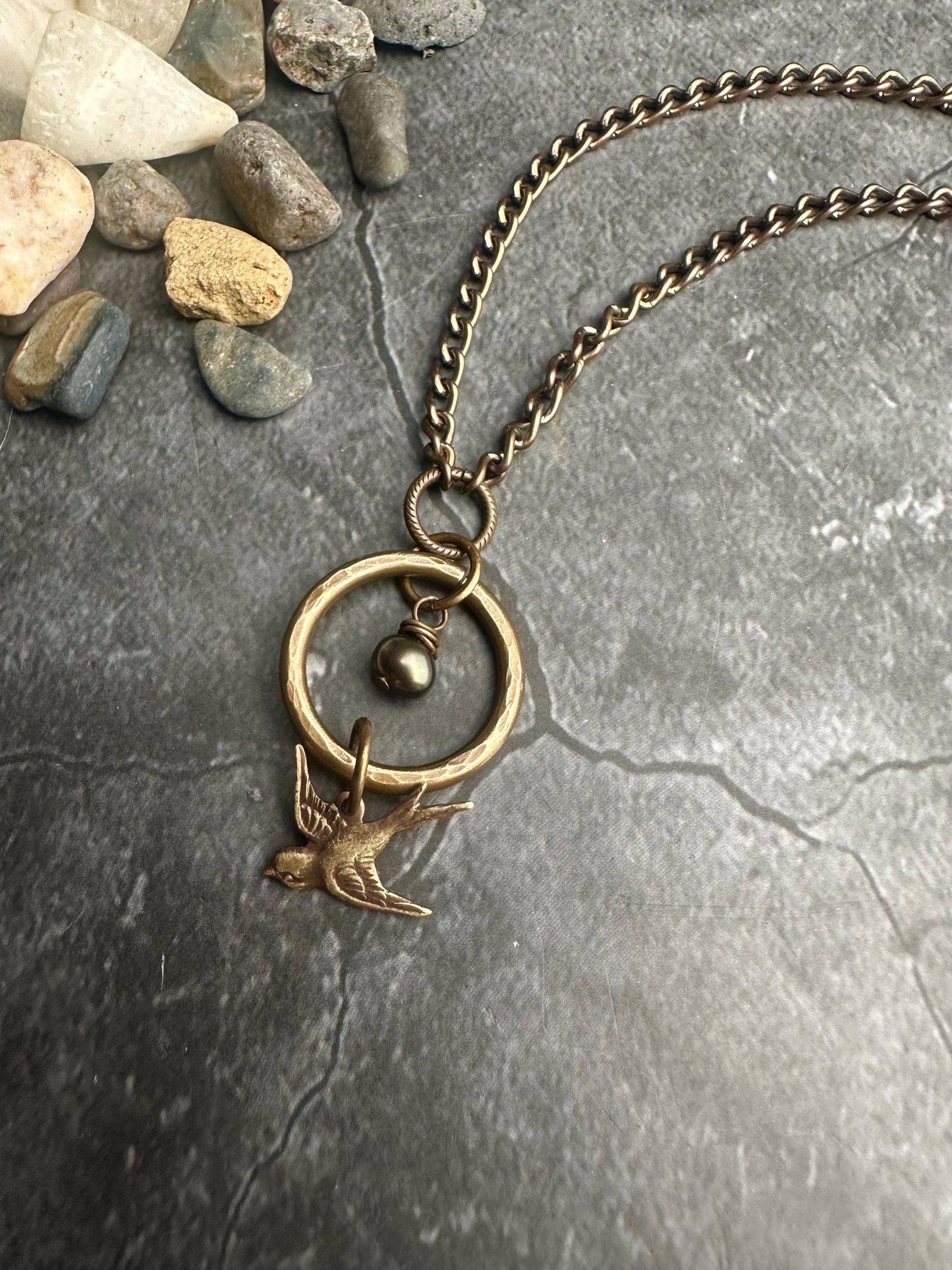Enchanted Sparrow Pearl Necklace - Hammered Brass and Pearl