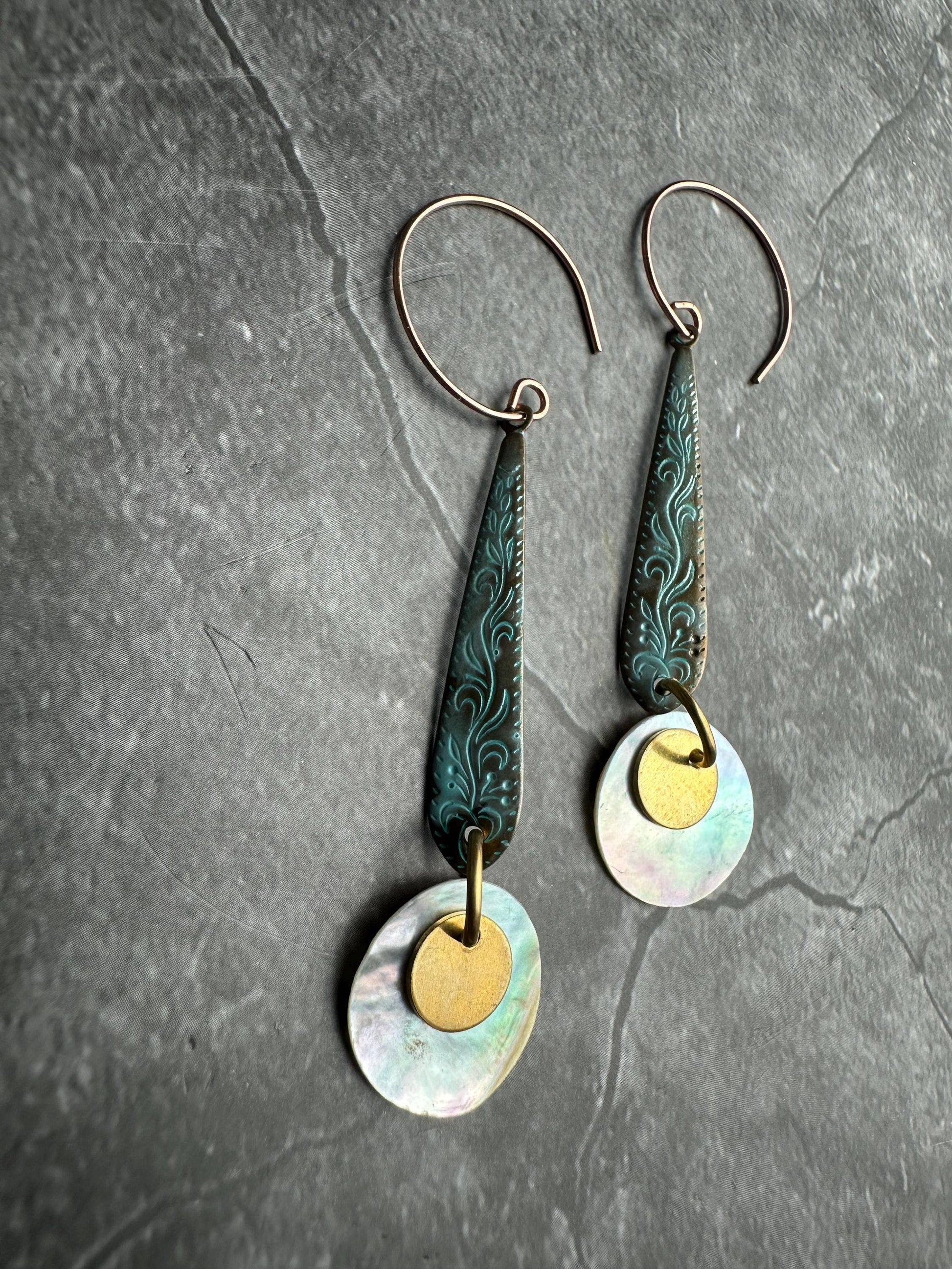 Etched Dangle Swirls Earrings - Solid Brass Mother of Pearl
