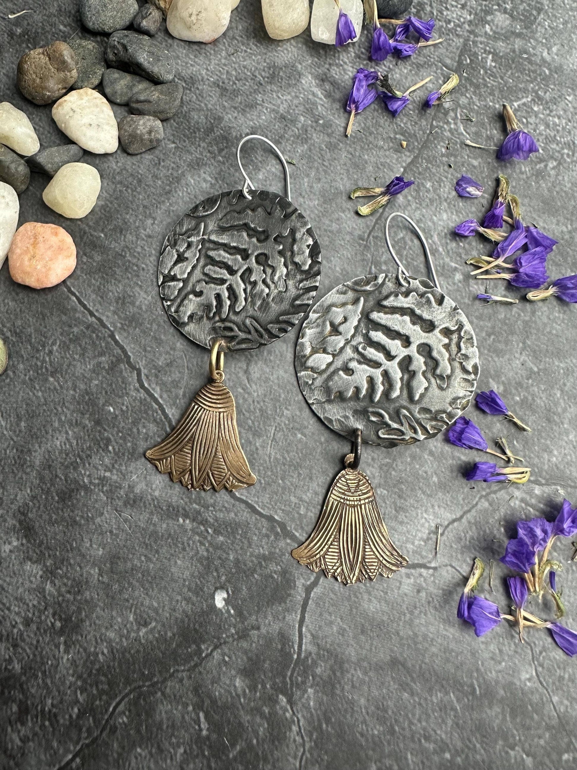 Embossed Fern Pewter Disc Earrings with Brass Drops