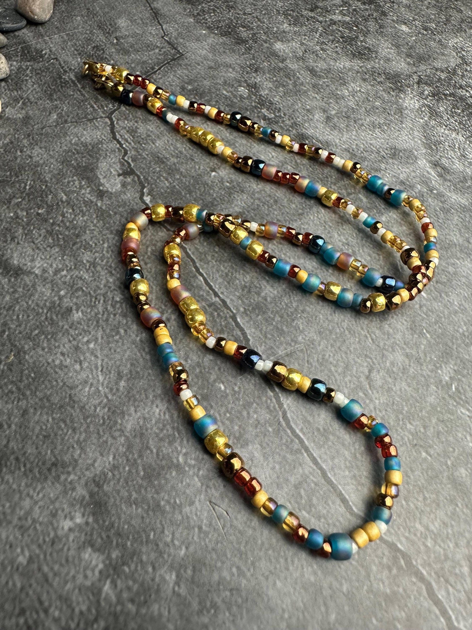 Seed Bead Necklace - Gold Blue Layering Necklace