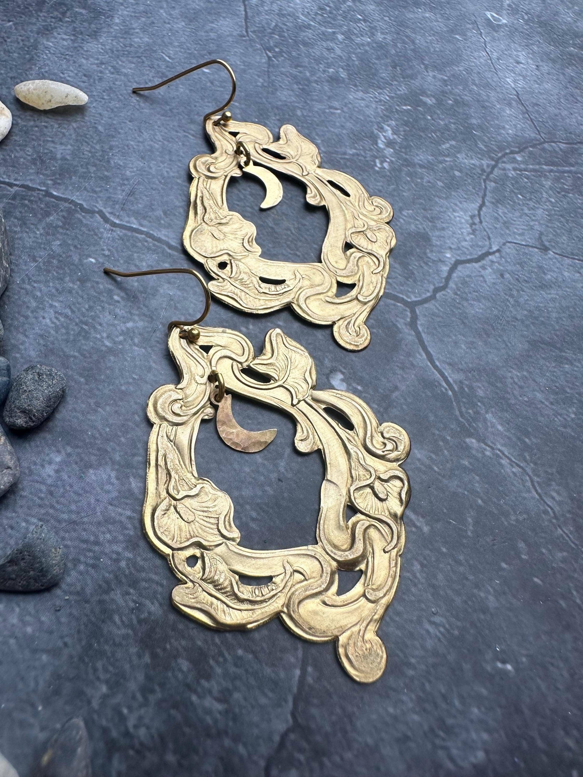 Moon Garden Earrings- Handmade Beaten Solid Brass