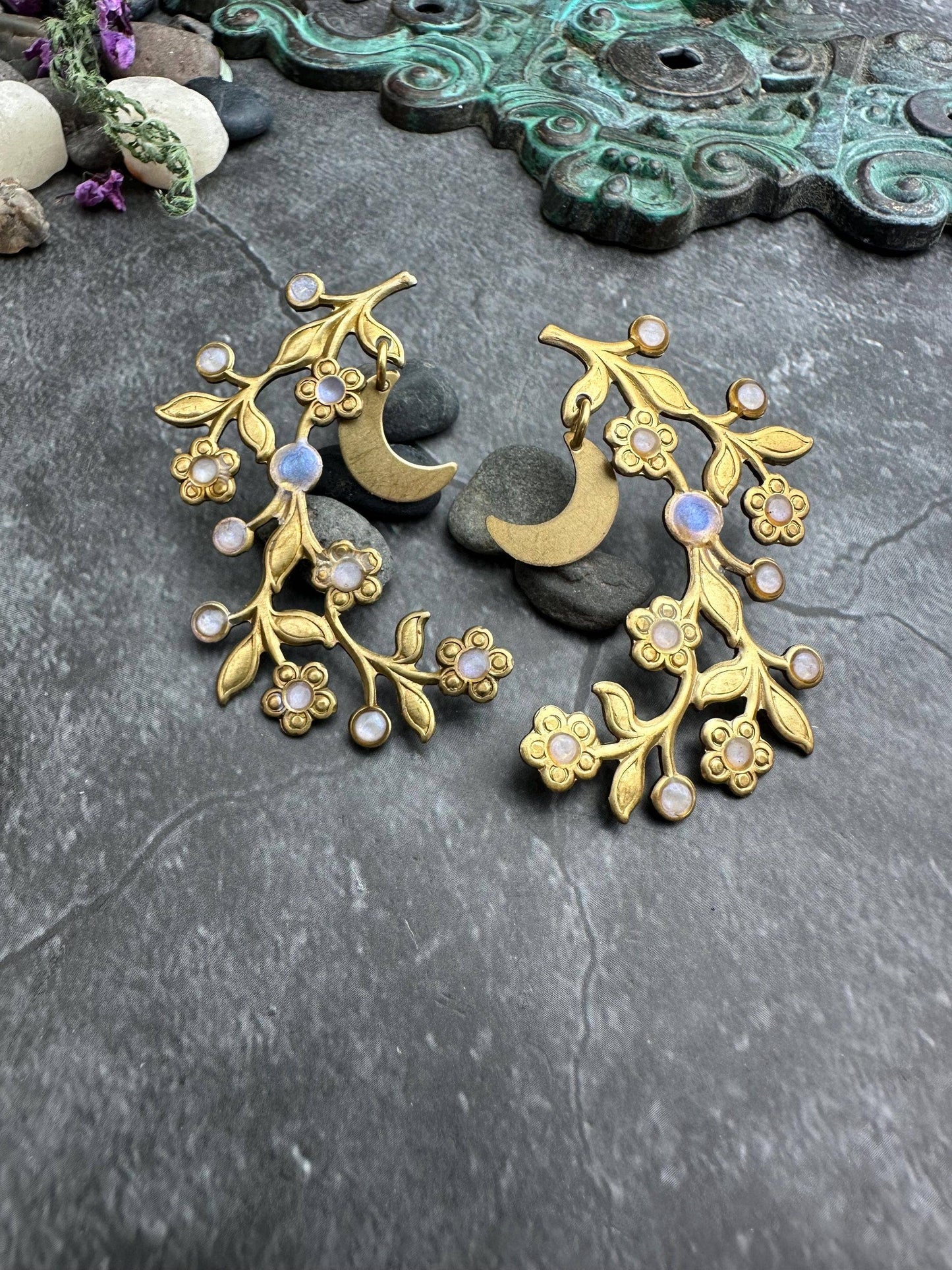 Botanical Branch Crescent Earrings, Iridescent Resin Detail