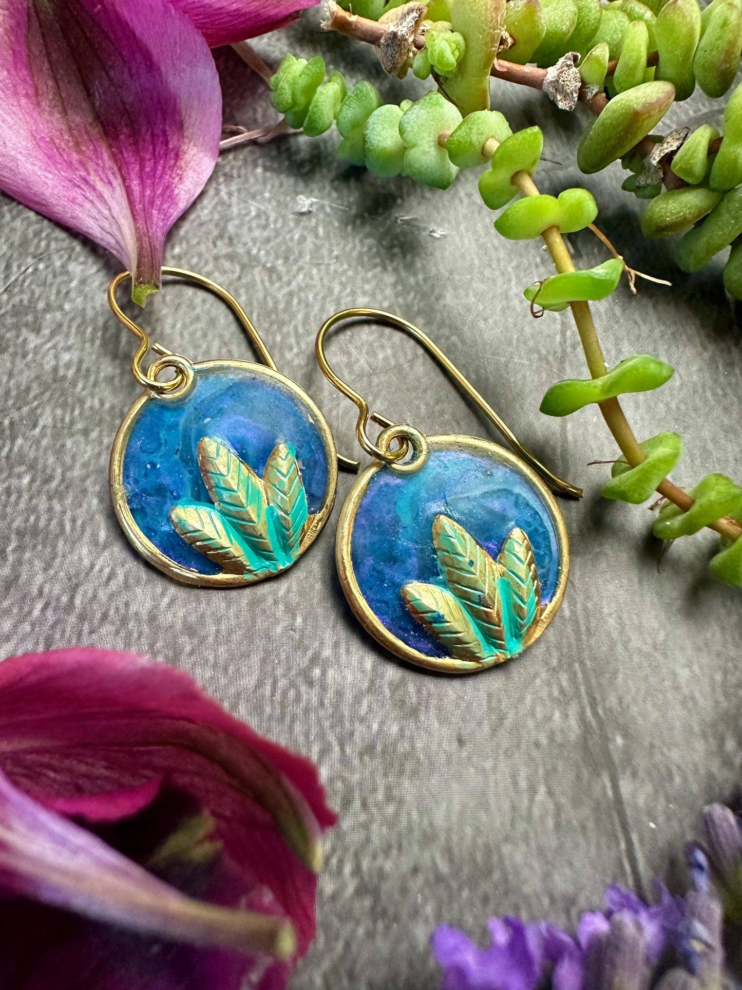 Lotus Bloom Earrings - Iridescent Patina Hand Colored Resin
