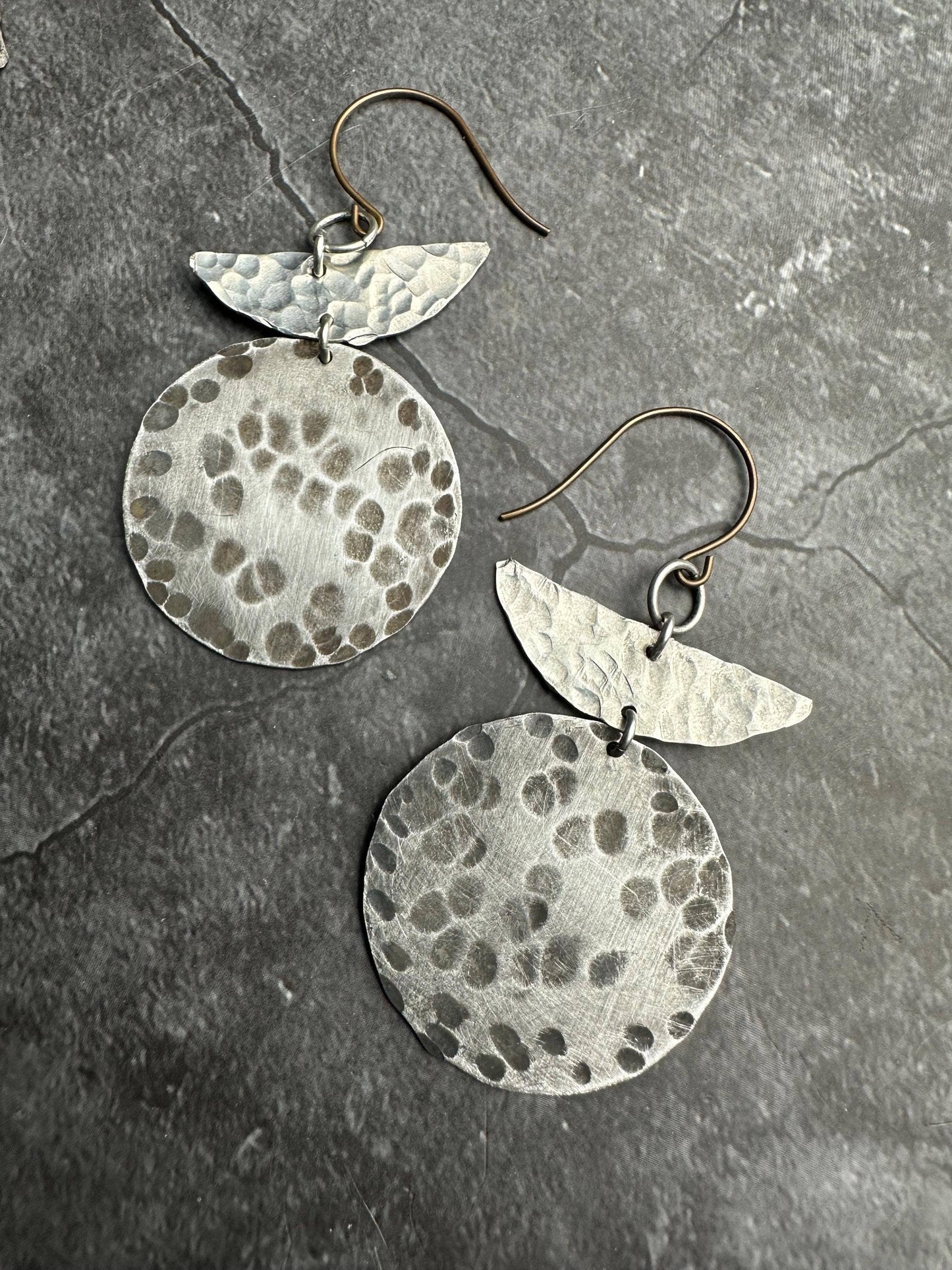 Geometric Shape Earrings - Hammered Silver & Pewter ox