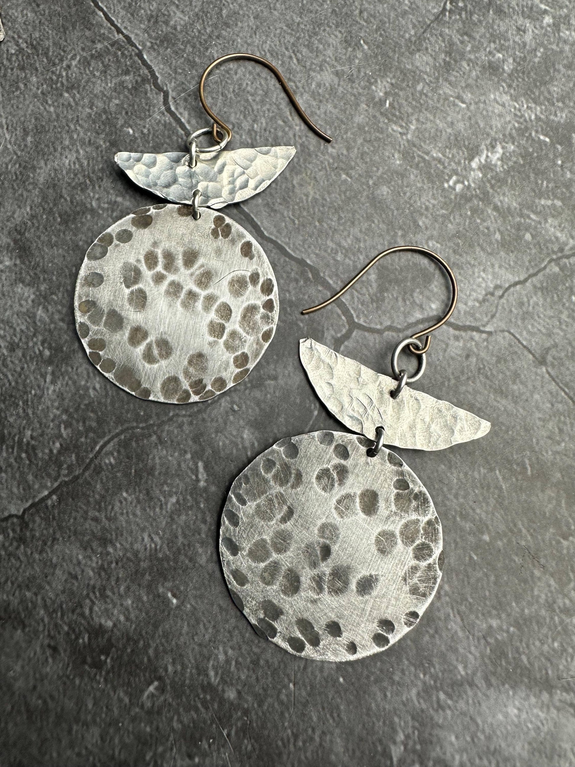 Geometric Shape Earrings - Hammered Silver & Pewter ox
