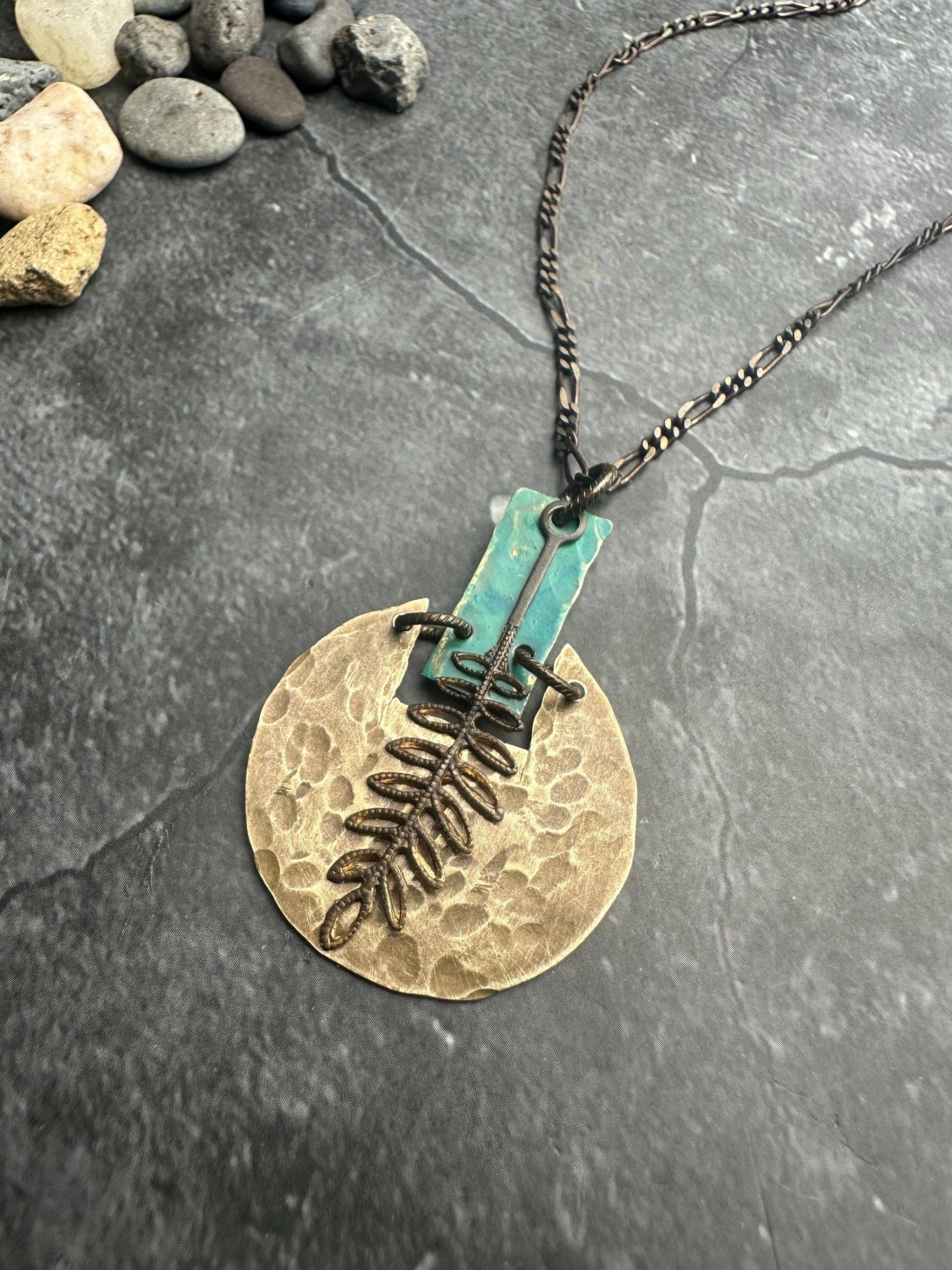Geometric Fern Necklace - Hand shaped & Hammered Solid Brass