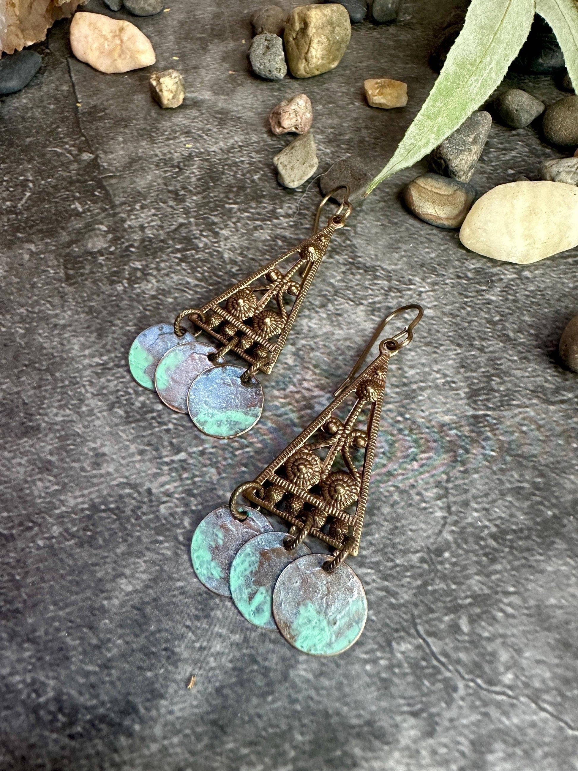 Sacred Triangle Coin Earrings - Patina Brass