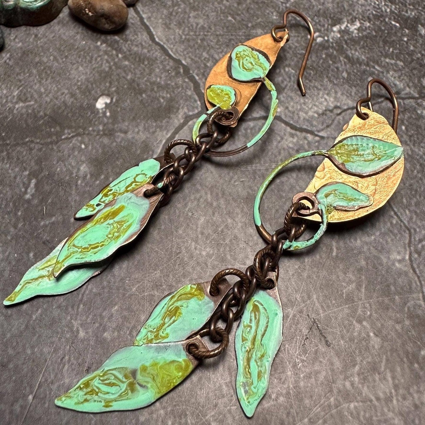 Falling Leaves - Solid Beaten Brass Hand Patina Earrings