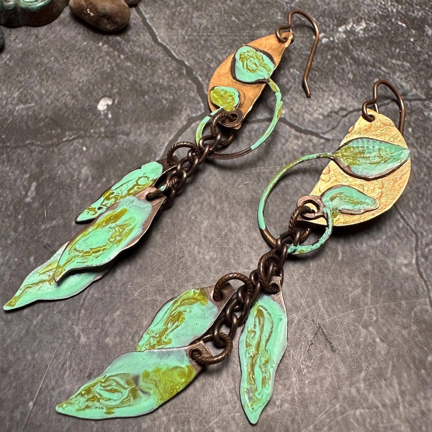 Falling Leaves - Solid Beaten Brass Hand Patina Earrings