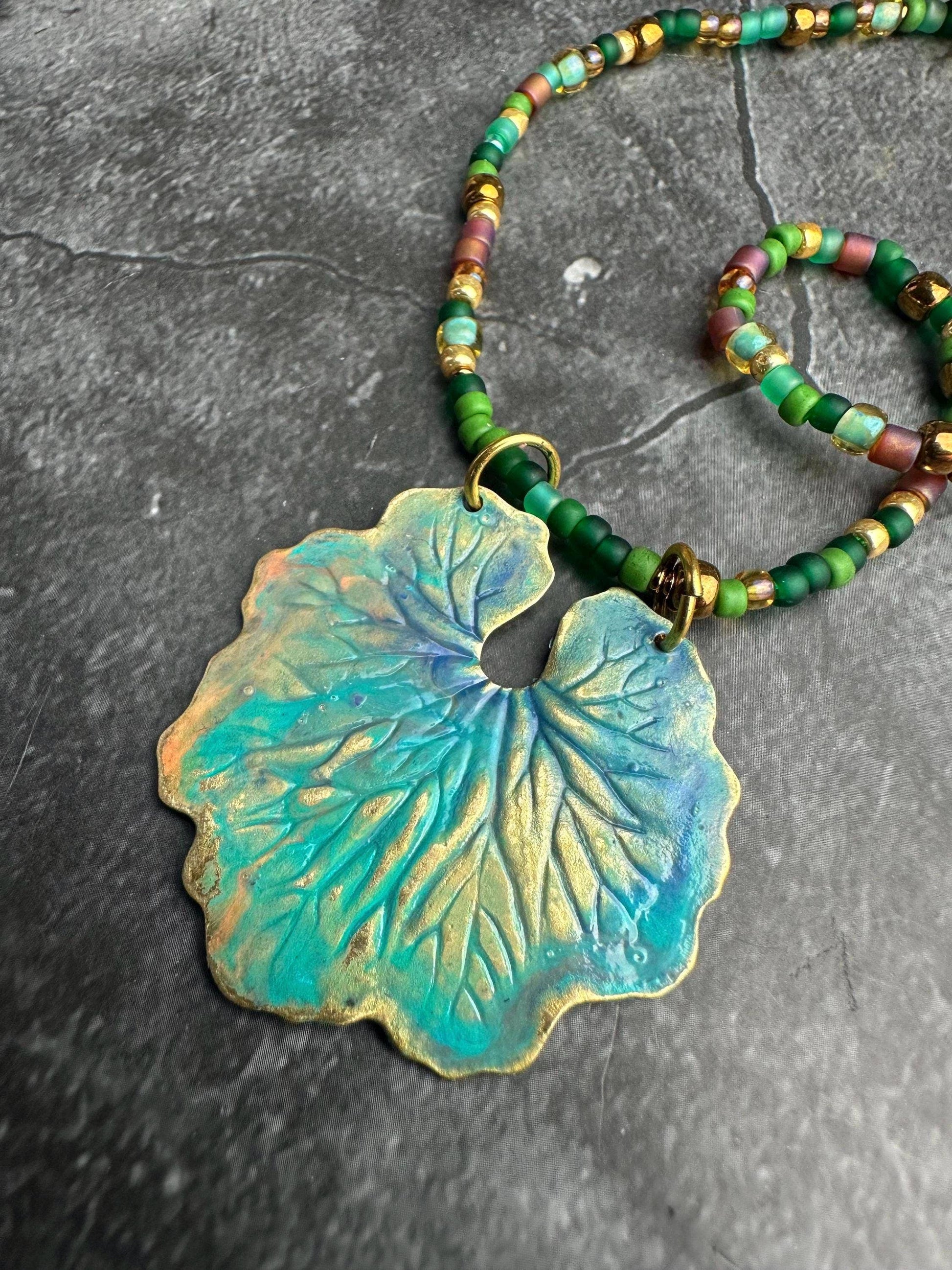Handcrafted Waterlily Leaf Beaded Necklace