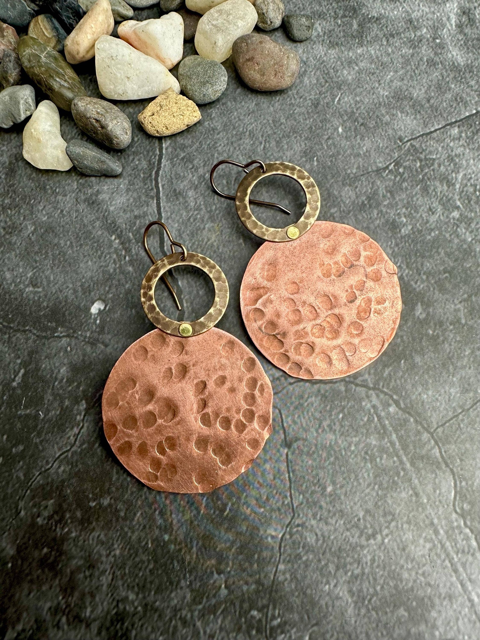 Dual Disc Earrings - Inspired Hammered Copper & Brass