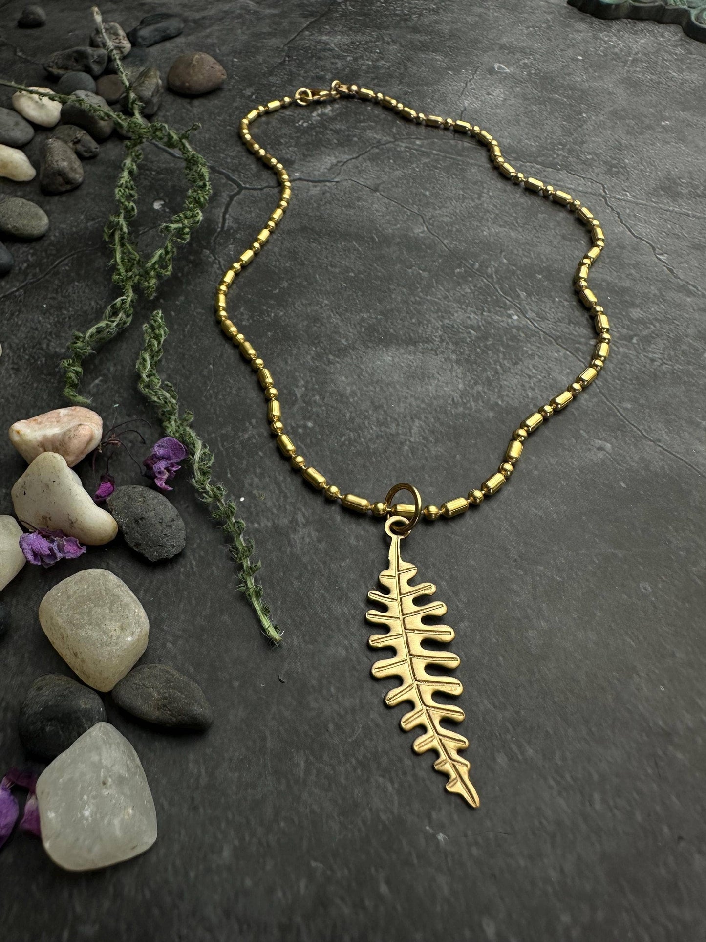 Fern Leaf Necklace Brass Pendant, Botanical , Woodland Style