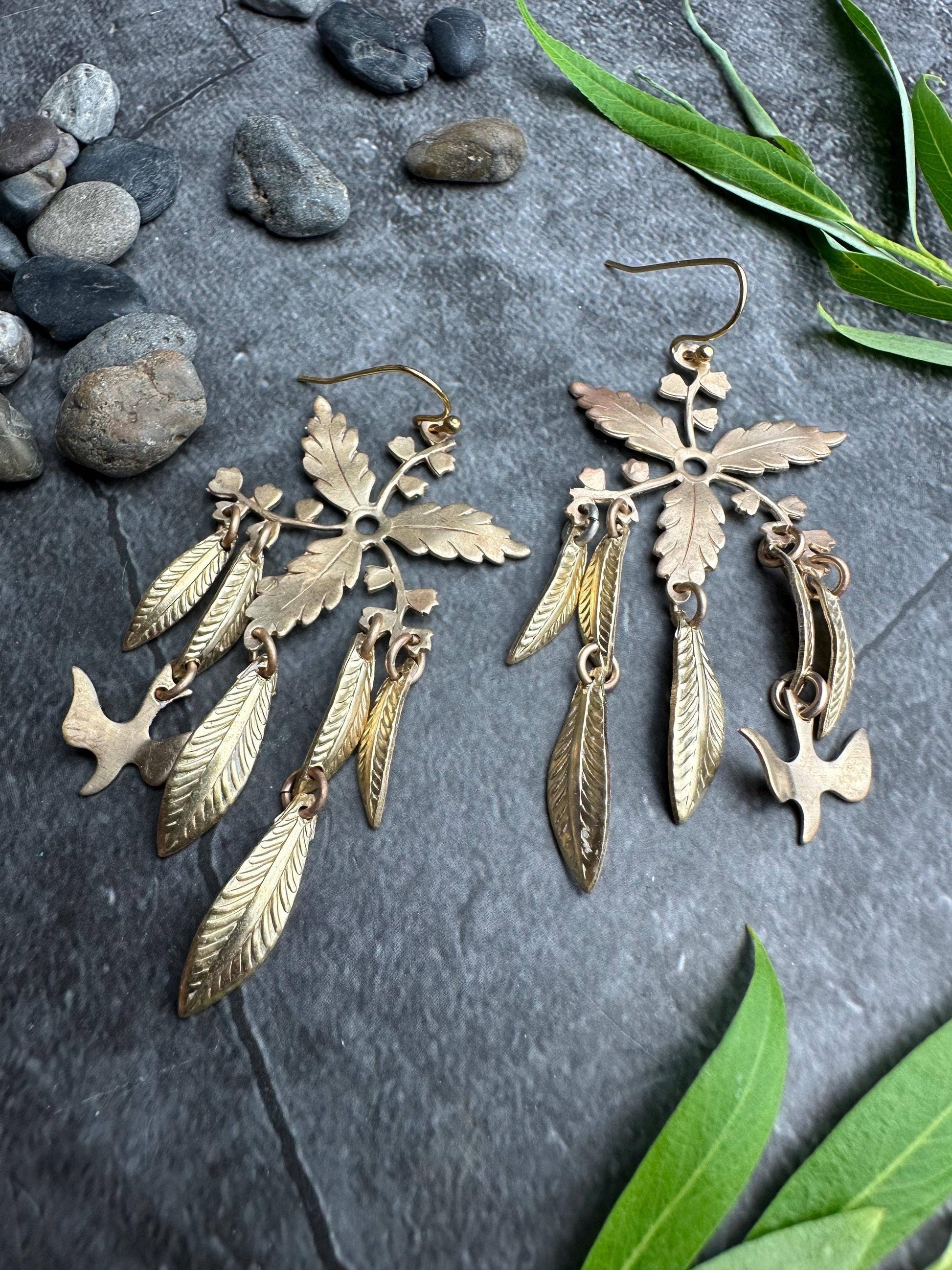 Botanical Leaf Earrings with Bird