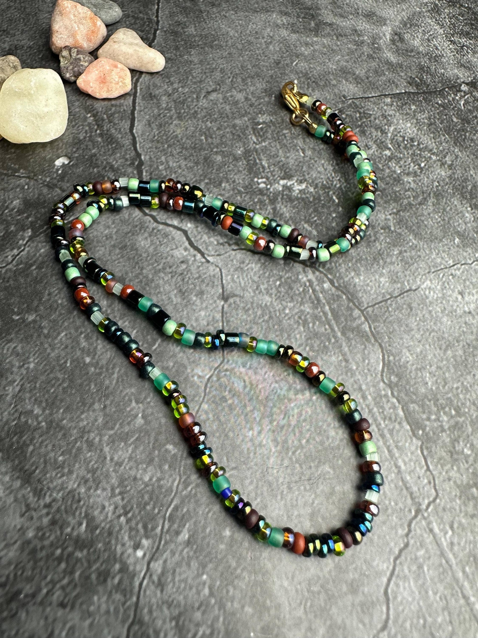 Seed Bead Necklace - Bronze Sage Green Iridescent Glass