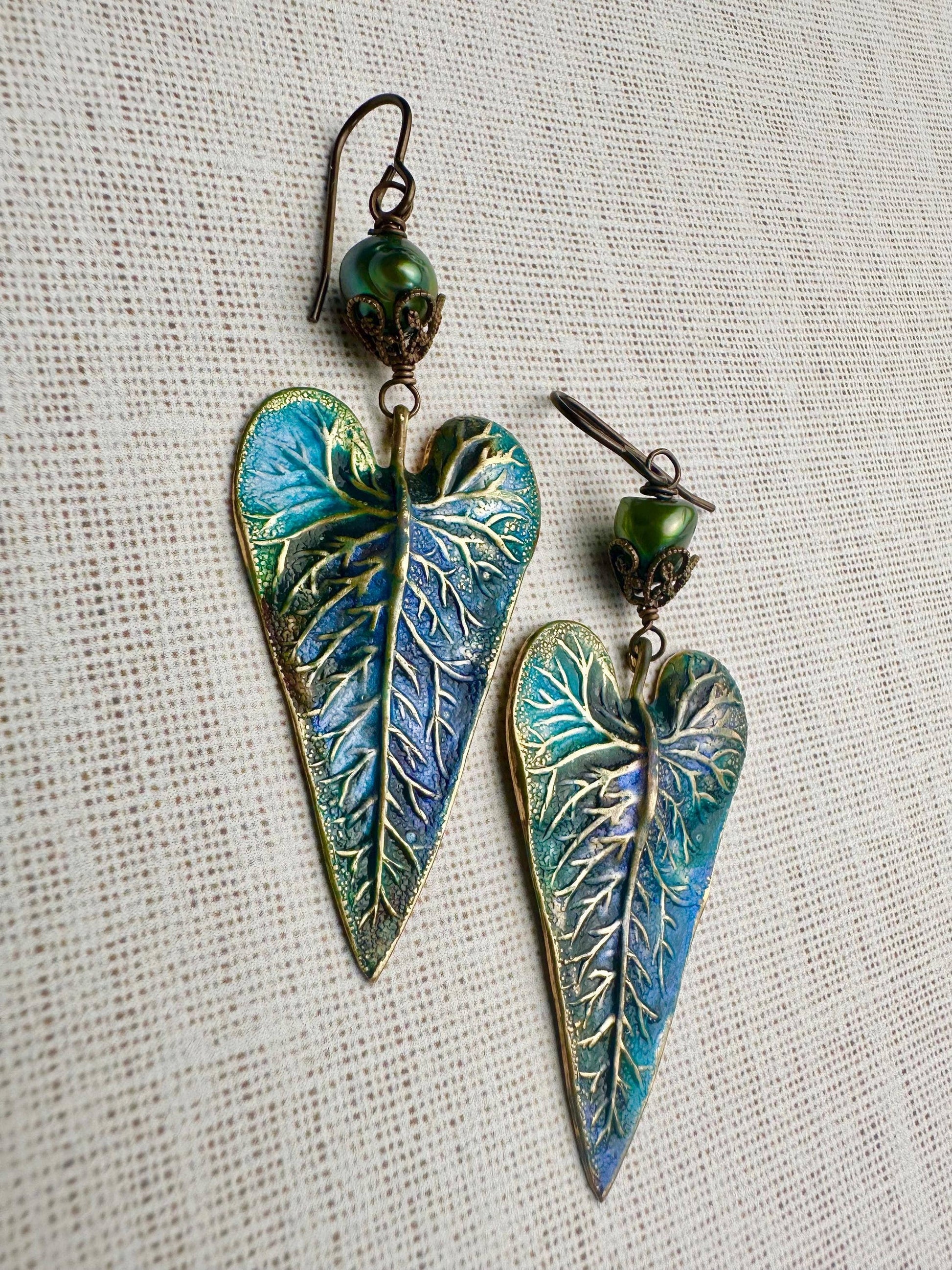 Patina Leaf Earrings with Freshwater Pearl