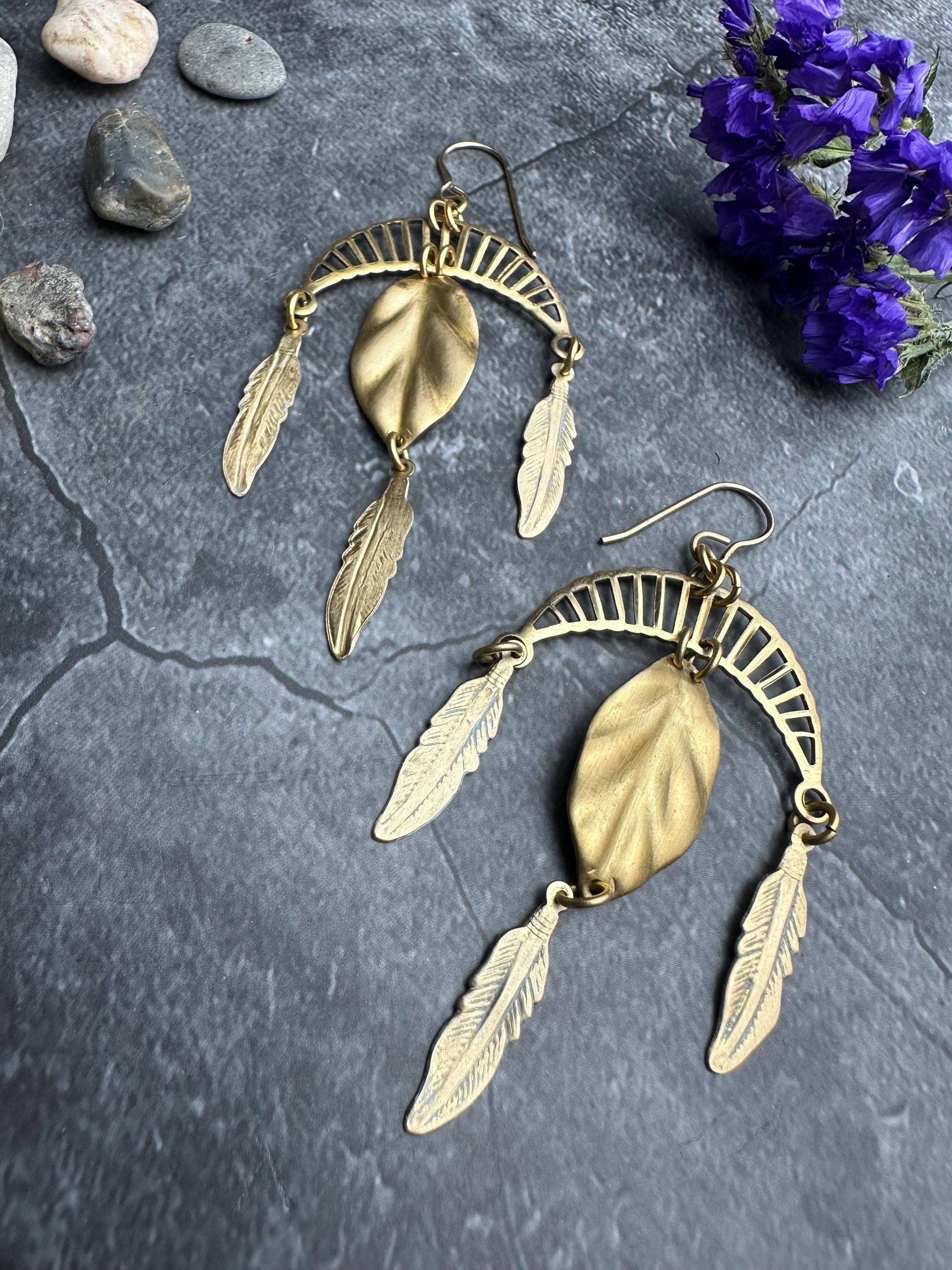Arching Moon Feather Statement Earrings - Beaten Solid Brass