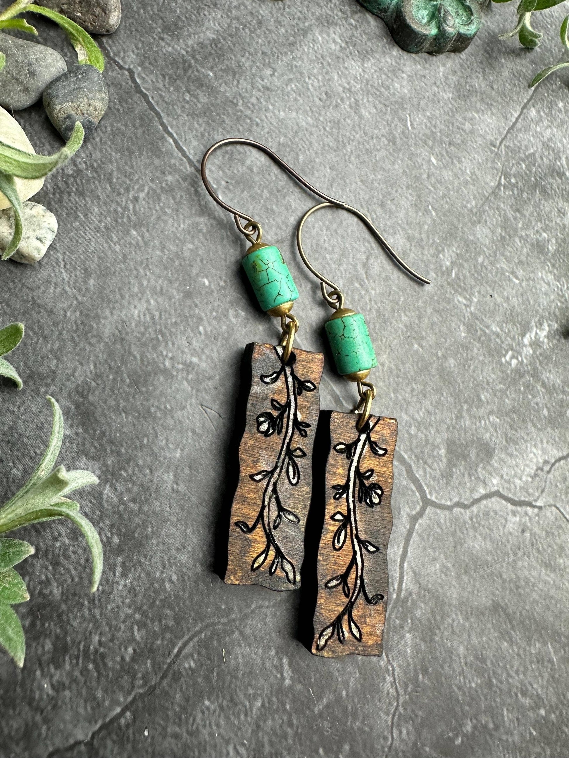 Wood Vine Earrings with Turquoise Beads