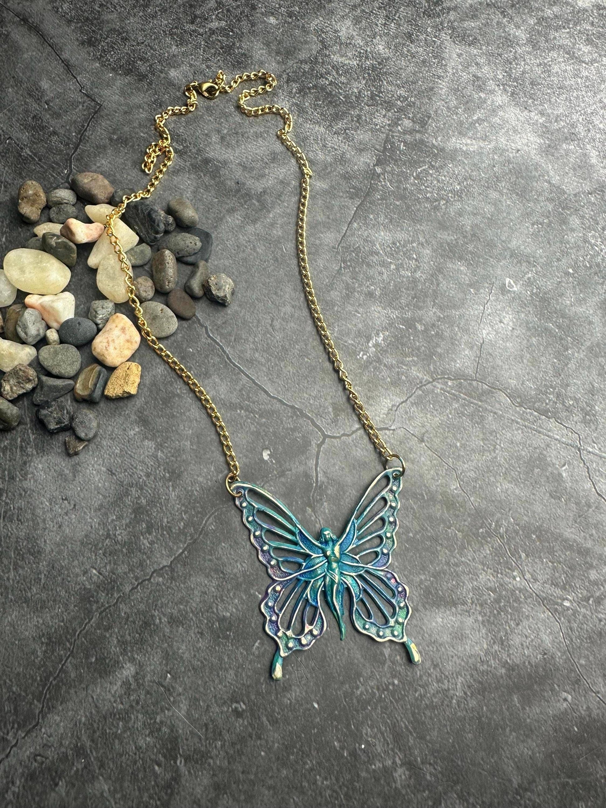 Fairy Butterfly Necklace - Solid Brass with Rainbow Patina