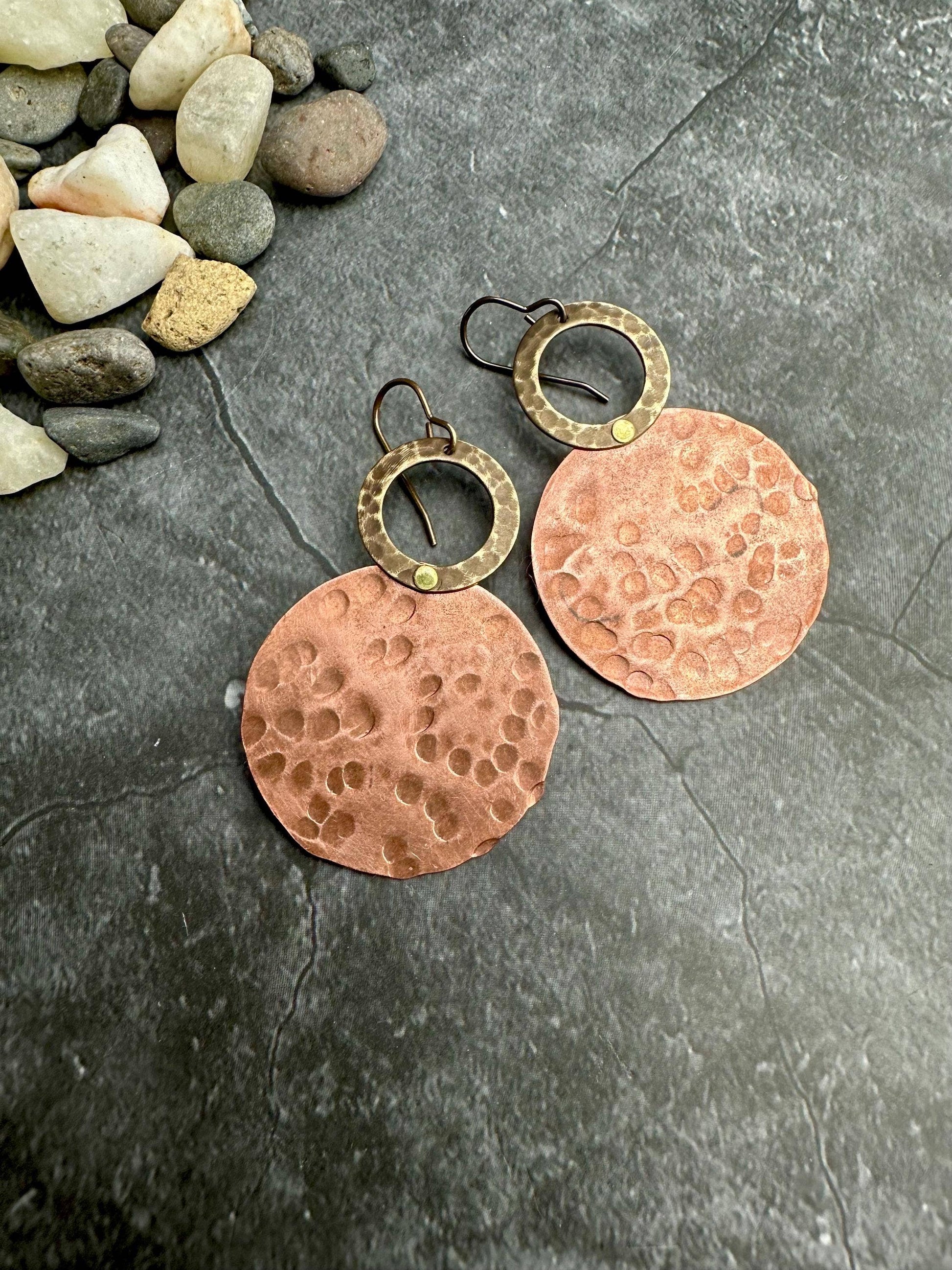 Dual Disc Earrings - Inspired Hammered Copper & Brass