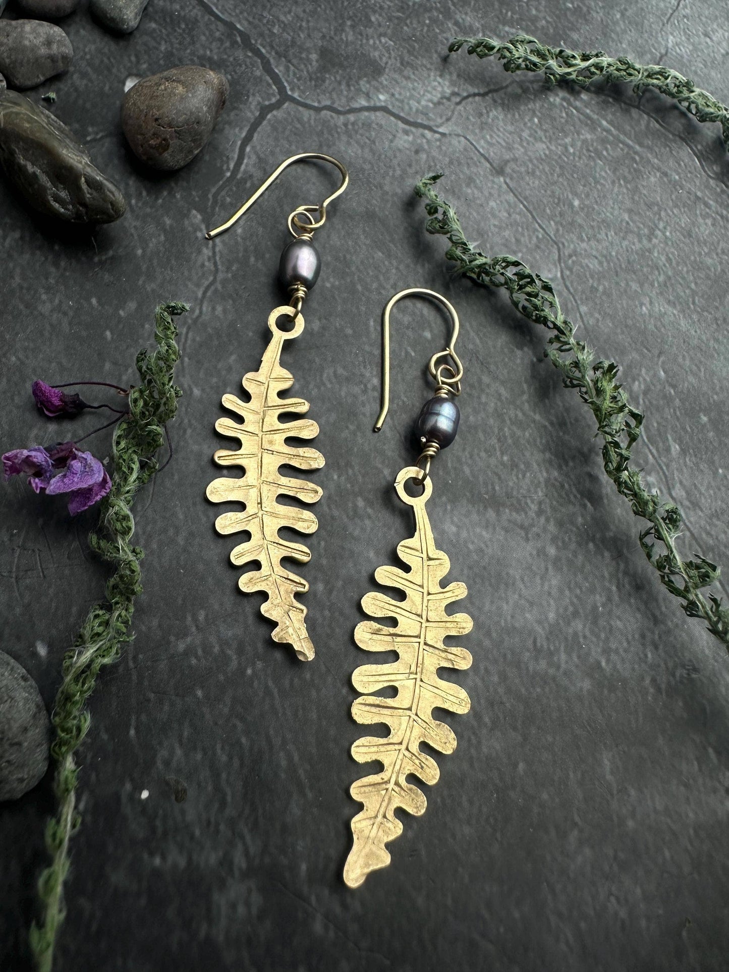 Fern Leaf Dangle Earrings, Hammered Brass, Pearl Botanical