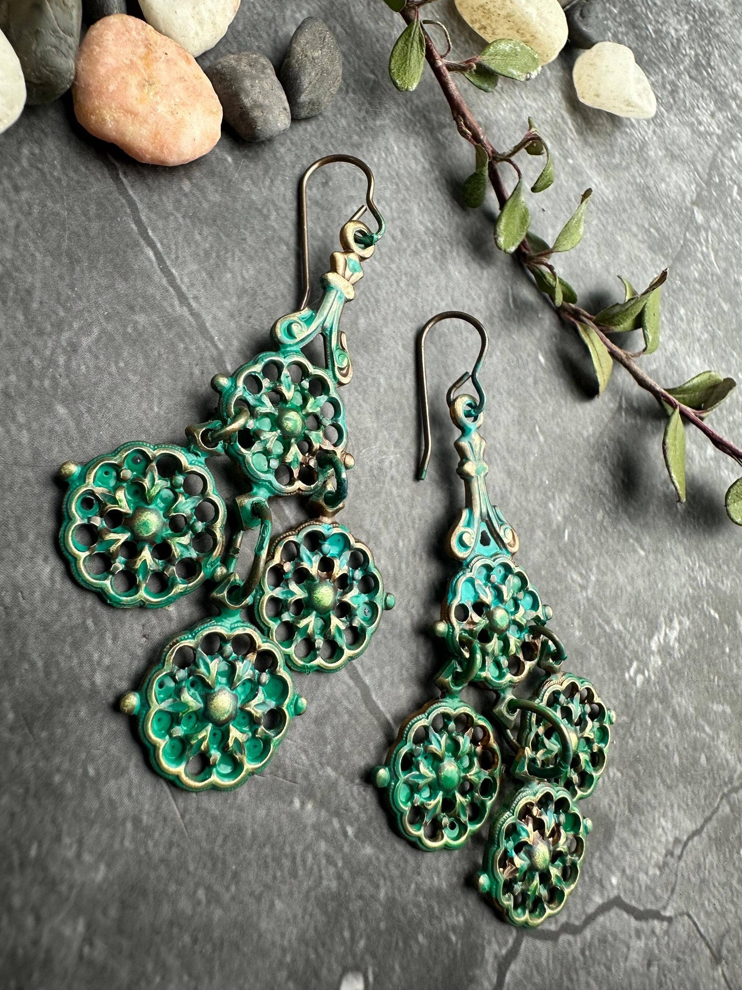 Verdigris Filigree Chandelier Earrings