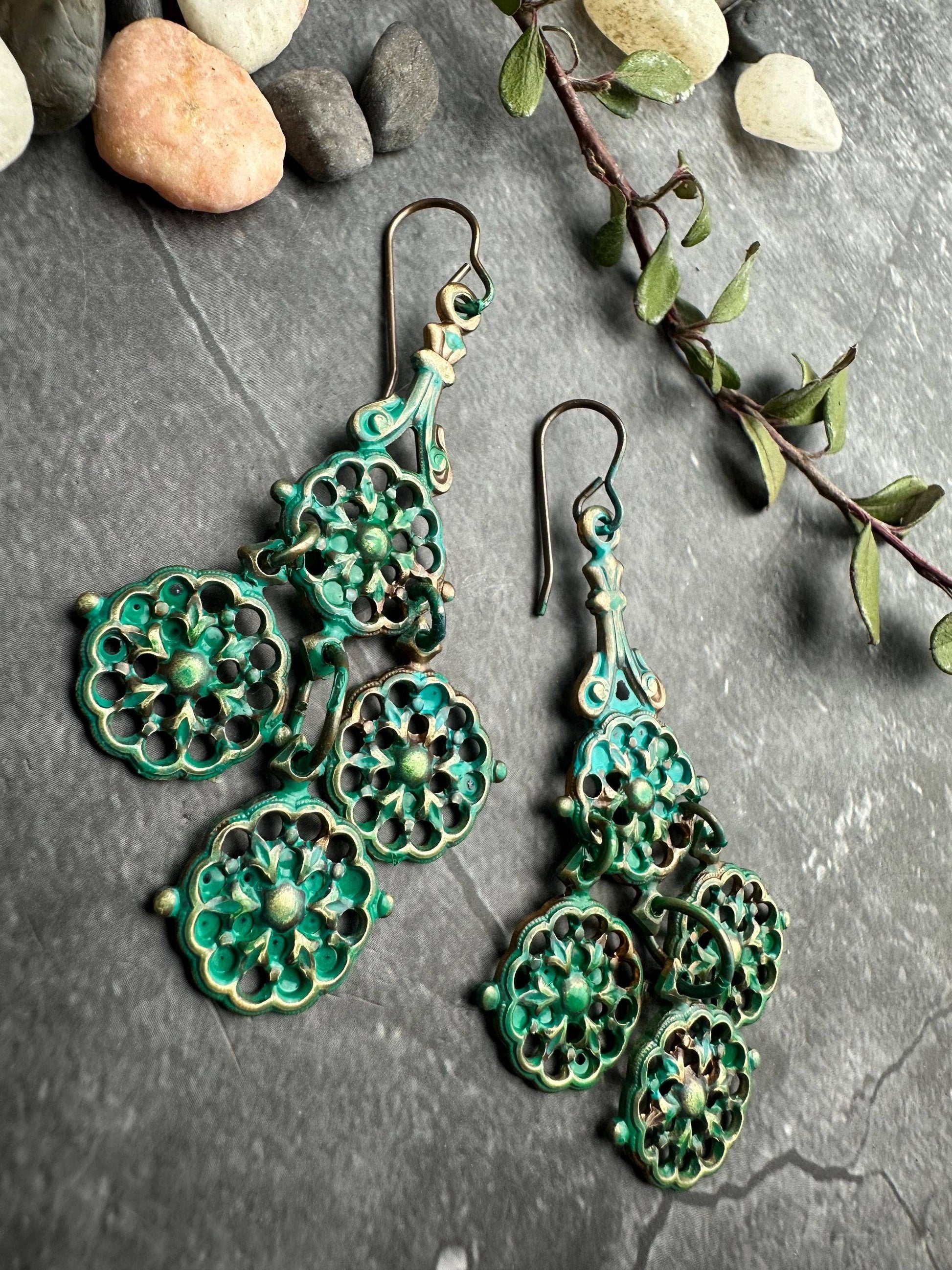 Verdigris Filigree Chandelier Earrings