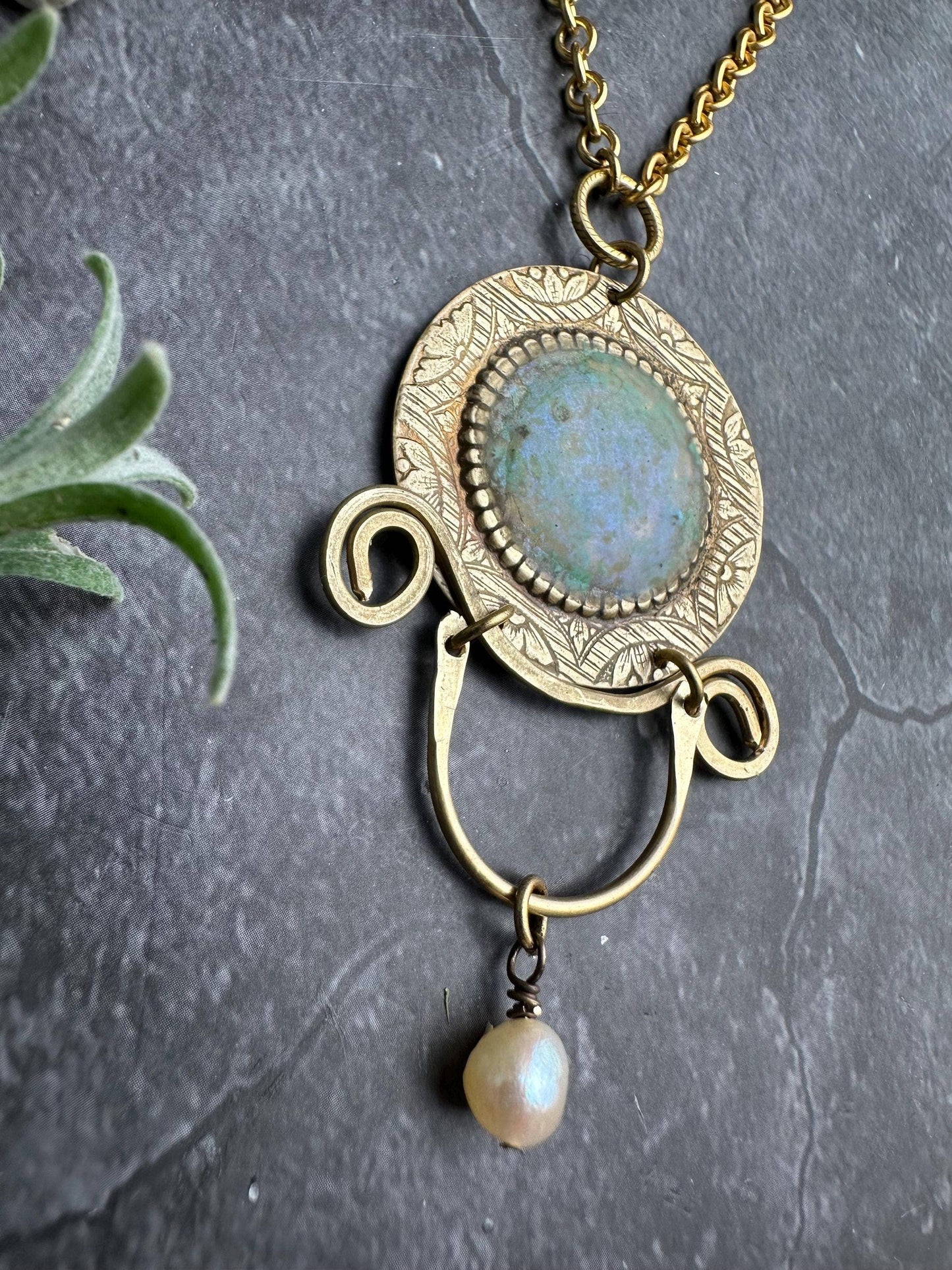 Ancient Inspired Brass Medallion Necklace with Pearl