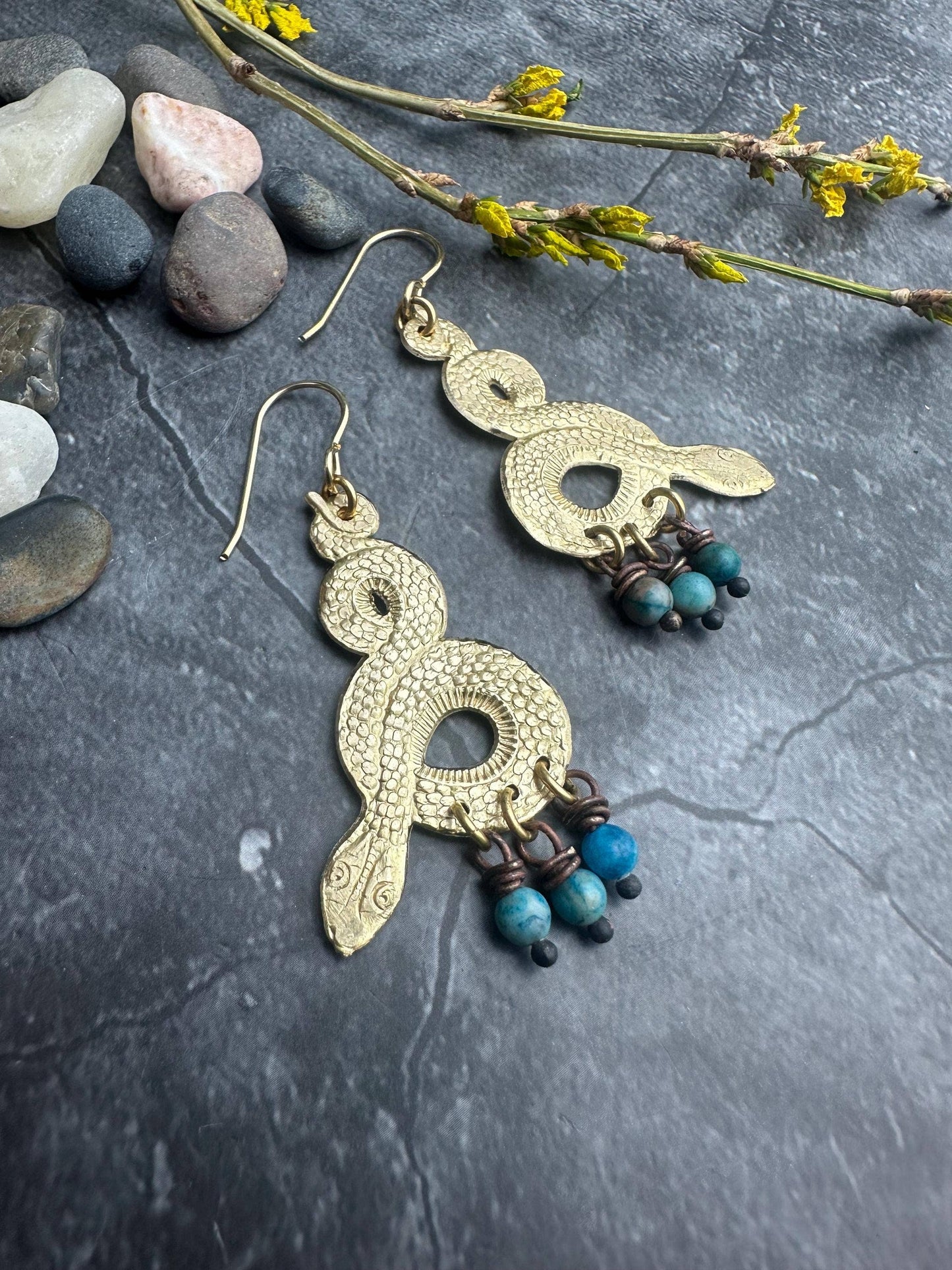 Snake Dangle Earrings - Brass Serpent with Blue Agate Drops