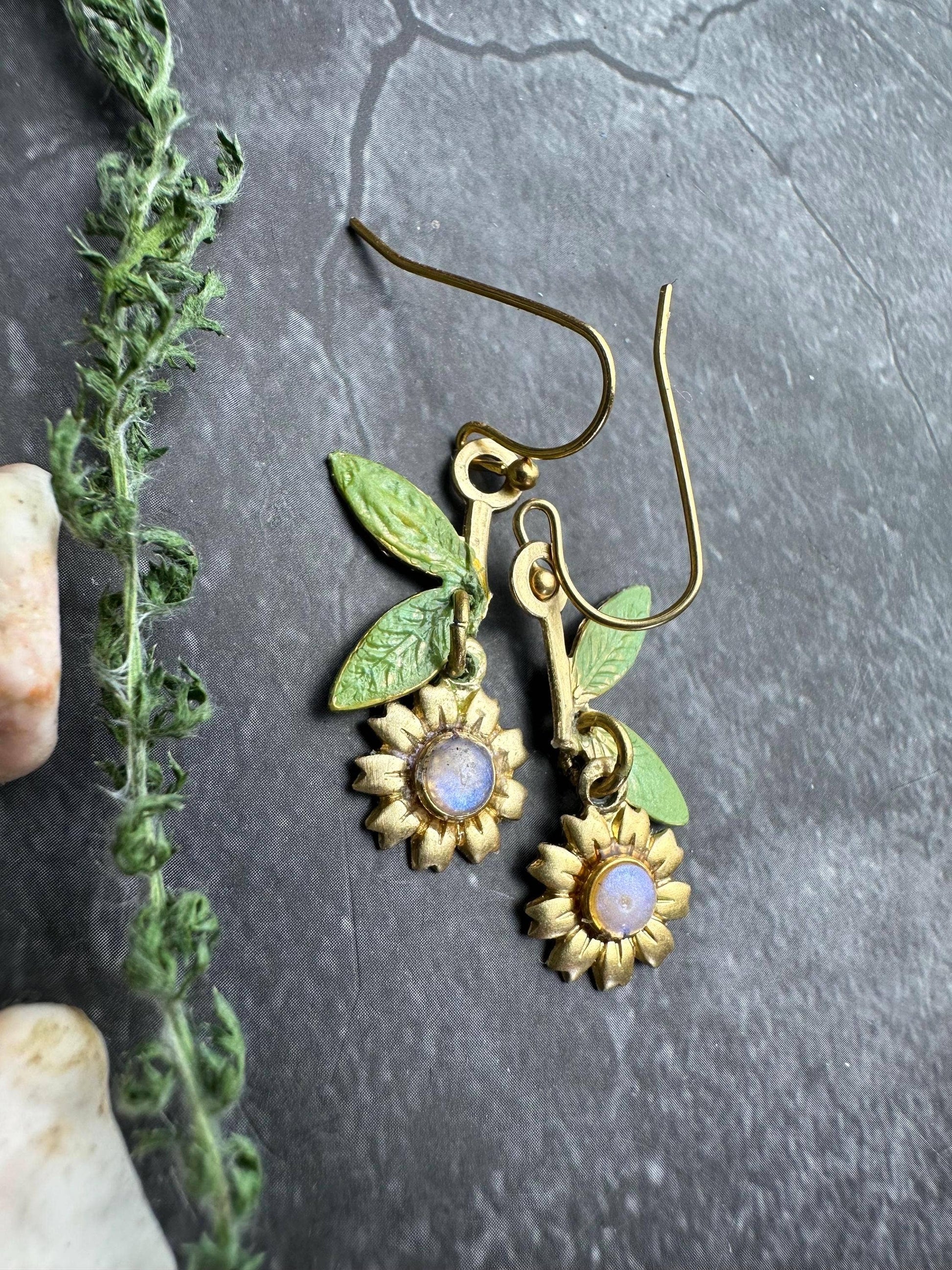 Sunflower Dangle Earrings, Botanical Floral , Brass Drop, Na