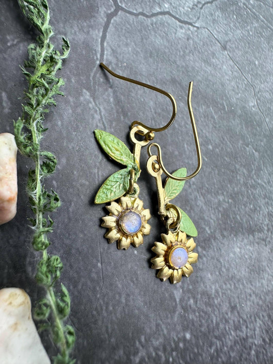 Sunflower Dangle Earrings, Botanical Floral , Brass Drop, Na