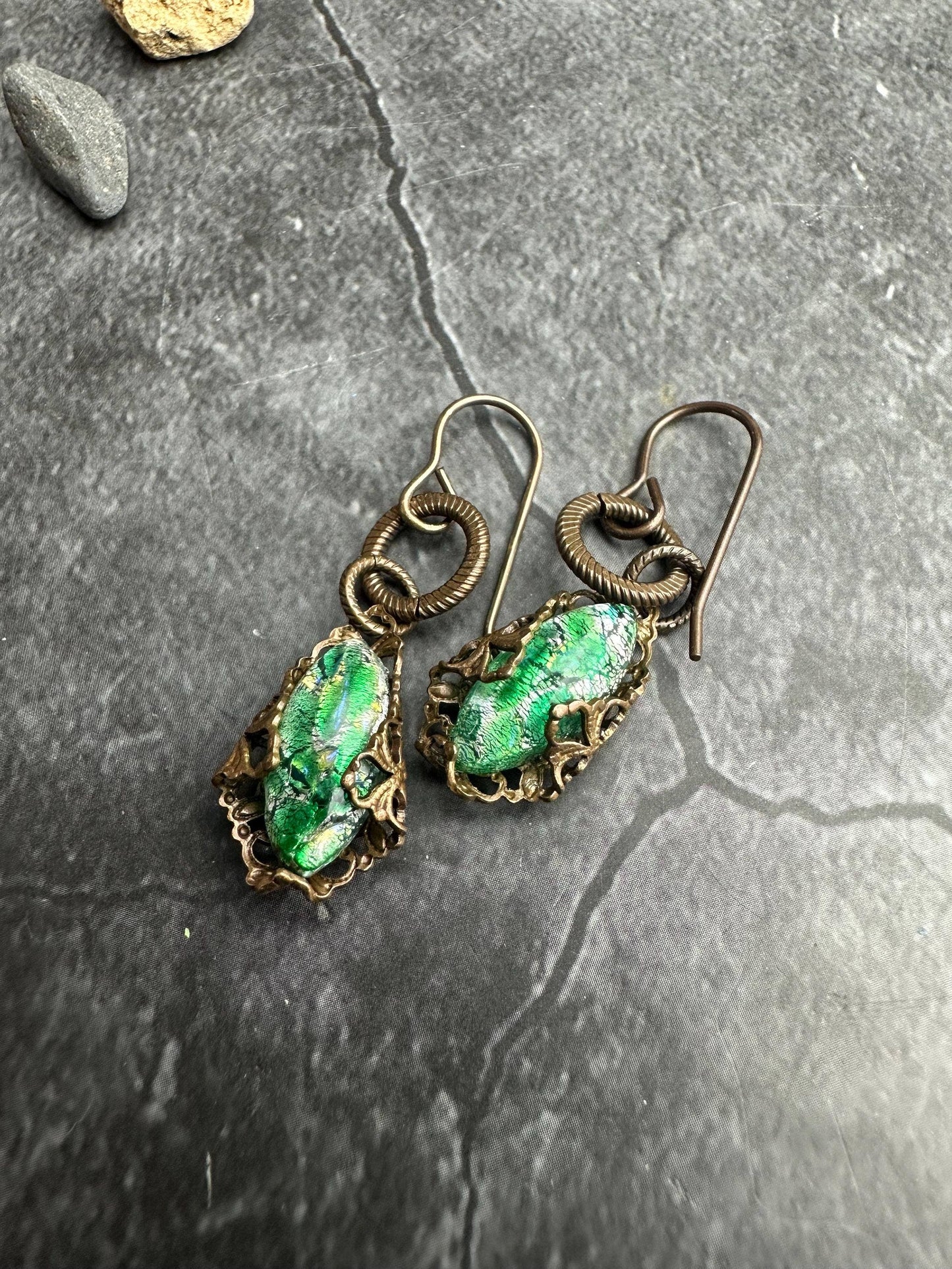 Encased Art Glass Filigree Earrings