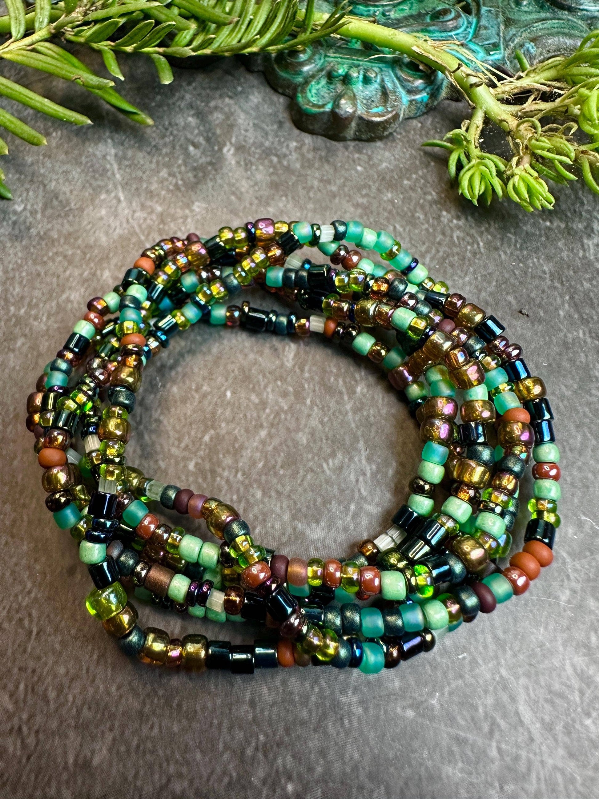Seed Bead Wrap Bracelet - Earthy Green Copper