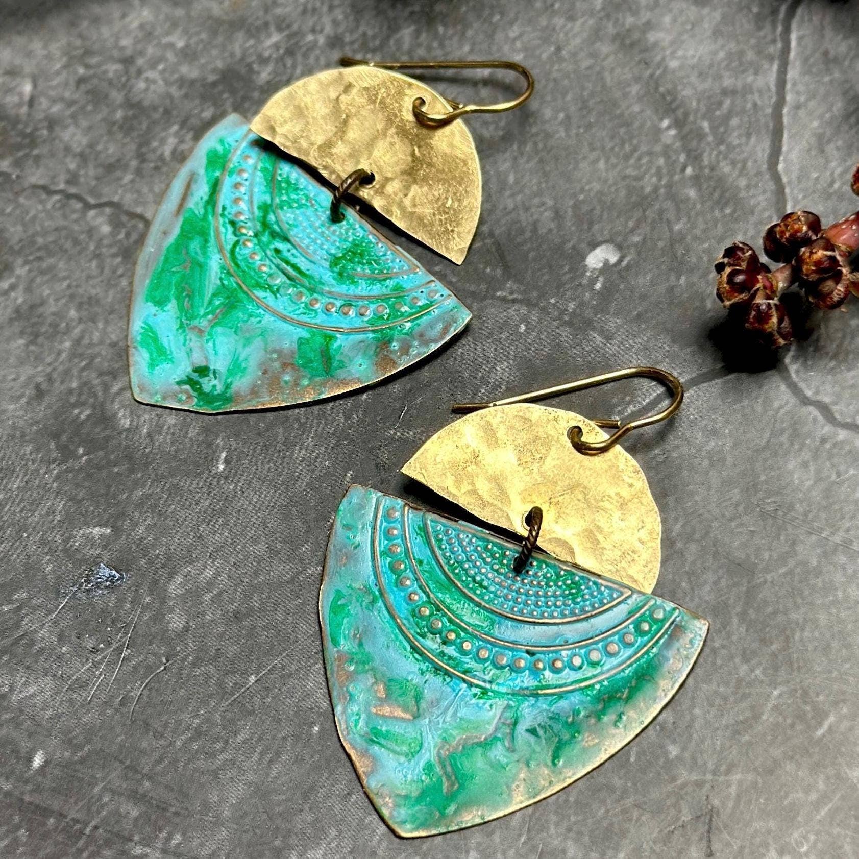 Tribal Brass Earrings: Hammered Brass with Green Patina