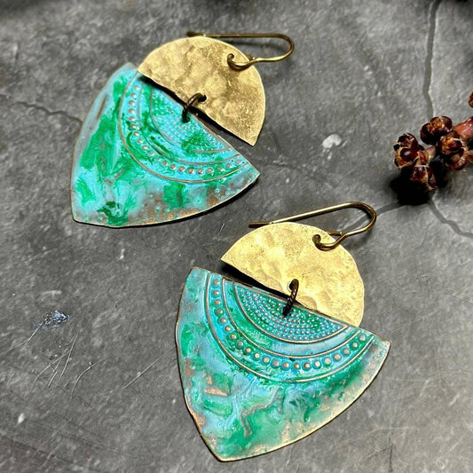 Tribal Brass Earrings: Hammered Brass with Green Patina