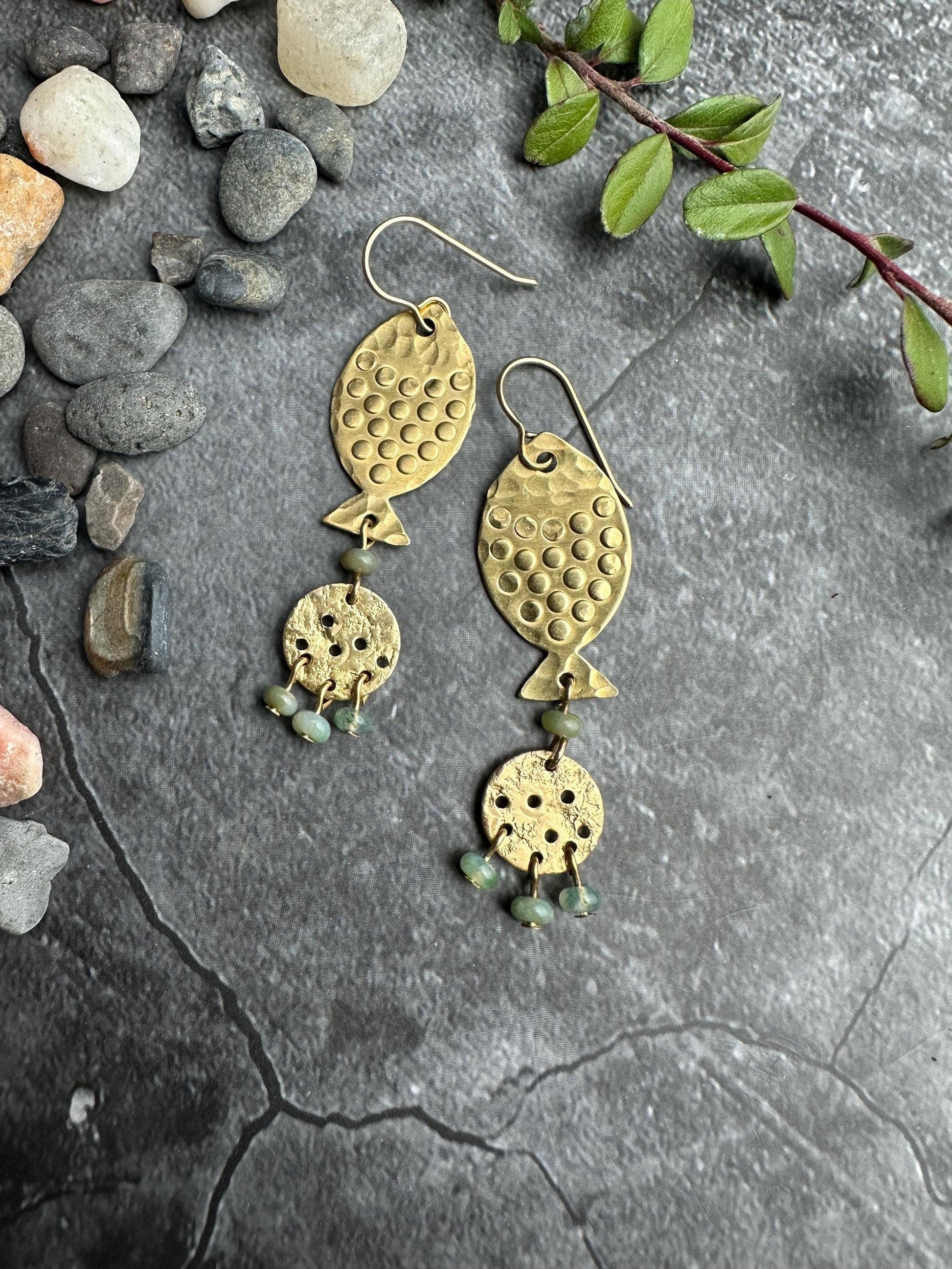River Fish Dangle Earrings with Moss Agate