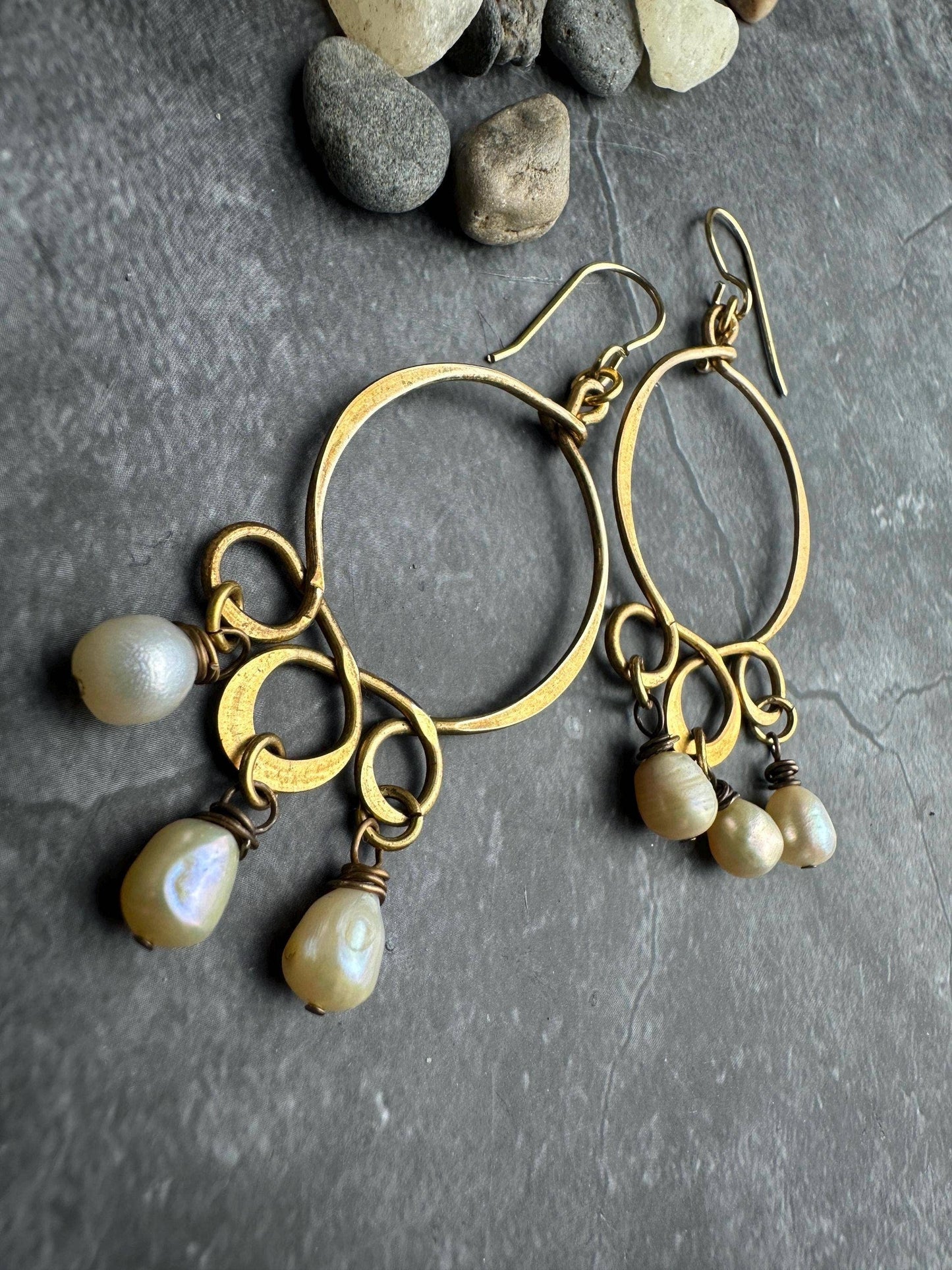 Formed & Hammered Wire Natural Pearl Earrings - Solid Brass