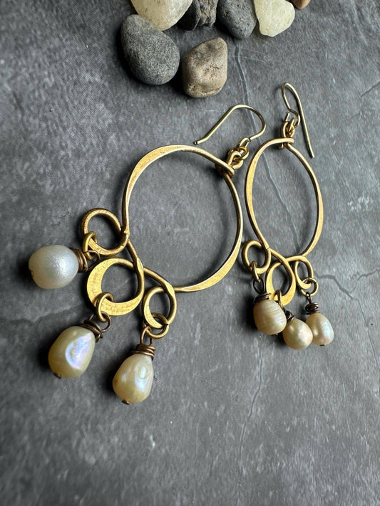 Formed & Hammered Wire Natural Pearl Earrings - Solid Brass